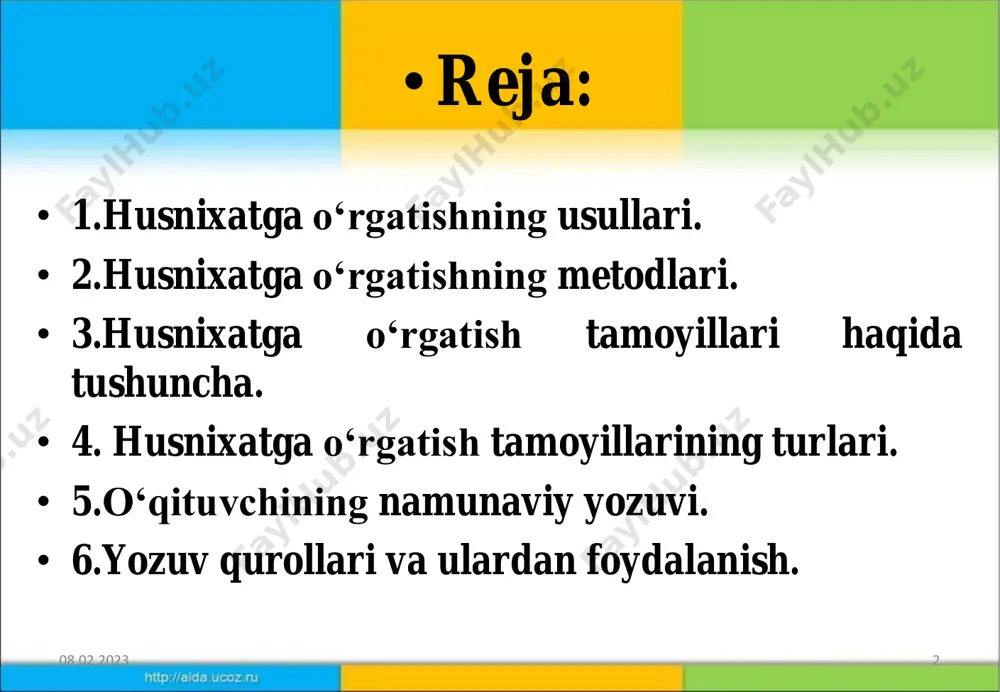etik usul bilan yozuvga o‘rgatish hozirgi kunda alifbeni o‘rganib bo‘lgandan so‘ng to‘g‘ri yozuvga o‘rgatishning butun borishida amalga oshiriladi. bu uslubning afzalligi shundan iboratki, o‘quvchi yozuvdagi harfni alifbedagi tartibda emas, balki uning yozilishidagi murakkab tomonlariga va yozuvdagi harf avvalgi yozuv mashqlariga mos kelishi kerak. 08.02.2023 6 namunaga qarab yozish usuli. husnixatga o‘rgatish usullaridan biri harflarning shaklini namuna qilib ko‘rsatish va yozdirishdir. nusxaga qarab ko‘chirish usuli. bu usul qadimiy usul bo‘lib hozirgi kunda ham qimmatini yo‘qotmagan holda qo‘llanilib kelinmoqda. bu usulda o‘quvchilar harflarni “husnixat” yoki “yozuv daftari”dagi namunalarga qarab ko‘chirib yozadilar. nusxa ko‘chirish usuli. bu metod harf shaklini to‘g‘ri tasavvur qila olmaydigan,yozayotganda daftar chiziqlaridan pastga yoki yuqoriga chiqib ketadigan o‘quvchilar uchun qo‘llaniladi. 08.02.2023 7 08.02.2023 8 tasavvur orqali yozish usuli. bolalarga tasavvur orqali havoda harflar shaklini yozdirish ham qo‘llaniladi. o‘qituvchi doskaga yozib ko‘rsatgan harf yoki uning bog‘lanishlarini o‘quvchilarga ruchkani havoda harakatlantirib ko‘rsatadi va bu orqali o‘quvchida harf haqida tasavvur hosil qilinadi. so‘ng …