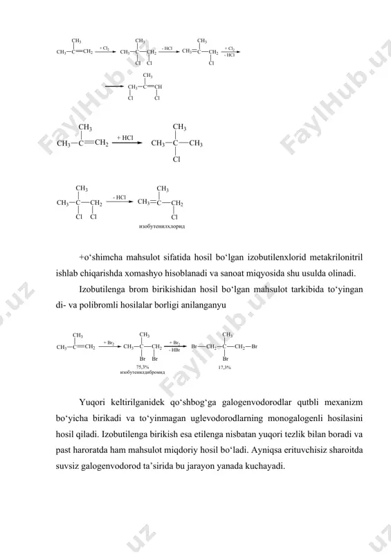rilib ajratib olinadi. chunki izobutilen boshqa gazlarga nisbatan sulfat kislota bilan juda oson ta’sirlashib uchlamchi butilsulfat kislota hosil qiladi va qayta butilen hosil bо‘ladi. sovutilganda 65% li sulfat kislotaga izobutilen tо‘liq (miqdoriy) adsorbsiyalanadi. -10 dan +15 0s gacha oraliqda adsorbsiyalanganda izobutilenning polimerlanishi juda kam bо‘ladi. jarayon konsentrlangan sulfat kislota ishtirokida olib borilsa, birinchidan kuchli darajada sovutish talab qilinadi, ikkinchidan izobutilendan boshqa gazlar ham adsorbsiyalanishi mumkin. bu usulda izobutilen olish uchun kreking-gazning butan-buten fraksiyasi ishlatiladi. tabiiy gazga boy davlatlarda izobutilen ushbu xomashyodan ham olinadi. tabiiy gaz tarkibi qazib olinish joyiga qarab turlicha bо‘ladi va asosan metan, etan, propan, n-butan, izobutan, pentanlar va oz miqdorda yuqori uglevodorodlardan tashkil topadi. past haroratli fraksiyalash yoki sulfat ksilotaga adsorbsiyalash yordamida alohida fraksiya ajratib olinadi va sо‘ngra qayta ishlanadi. sanoatda izobutilen ishlab chiqarishning uchinchi usuli butan fraksiyasidan degidrogenlash orqali butilen olish va undan izomerlash orqali izobutilen olishdir. degidrogenlash jarayoni alyuminiy oksidiga о‘tkazilgan xrom oksidi katalizatorligida 500 …