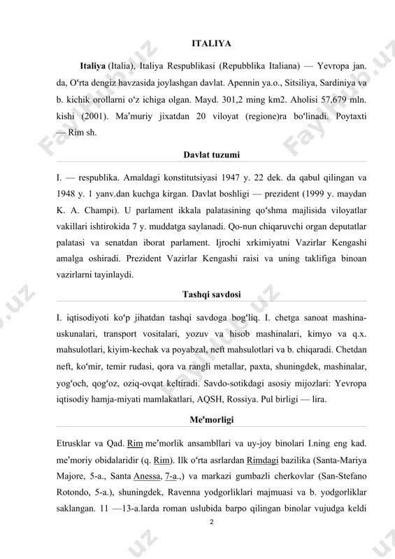 zantiya meʼmorligining taʼsiri seziladi (venetsiyadagi avliyo mark sobori, 11-a., palermodagi sobor). 11 —12-a. larda pizadagi sobor maydoni majmuasi kad. meʼmorlik anʼanalari uslubida barpo etilgan. shaharlarning tez surʼatlar b-n rivojlanishi mahobatli diniy-maʼmuriy binolar b-n bir qatorda shahar devorlari, darvoza, minora, turar joy binolari, ratushalar qurishni ham taqozo etdi. 13—14-a.larda gotika rivoj top-di (milan, orvyeto, florensiya soborlari). katta shaharlar vujudga kela boshlagach, qurilishning yangi tamo-yillari paydo boʻldi (jamoat va mada-niyat binolariga alohida ahamiyat b-n qarala boshladi). b. mikelanjelo, d. bramante, j. vinola va b. atokli meʼmorlar rim va venetsiyada mahrbatli binolar barpo qildilar. barokko meʼmorlari (16-a.) koʻp shaharlarda badavlat xonadonlar uchun ulkan ansambllar, shaxsiy qoʻrgʻonlarni xiyobonli, kolonnadali va favvorali qilib qurdilar. binolarning hashamiga, saloba-tiga alohida ahamiyat berildi (l. ber-nini, f. borromini). rimdagi avliyo pyotr sobori b-n navon maydoni (16— 17-a.lar) goʻzal meʼmoriy ansambllardan hisoblanadi. 18-a. dan klassitsizm rivoj topib, bu uslub milan va neapol sh.laridagi ansambl va teatr bi-nolarida iz krldirdi. 20-a. …