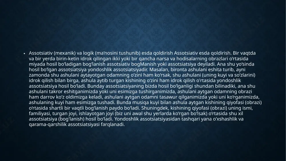 irinchi signal sistemasi bilan o‘zaro munosabatda ikkinchi signal hosil bo‘ladigan bog‘lanishlardir ixtiyoriy (irodaviy) esda olib qolish eng samarali va puxta esda qoldirishdir. bunda esda olib qolish maqsadini ko‘zda tutishning esda olib qolish lozim bo'lgan materialni tanlashning o'ziyoq uni eng samarali yo‘sinda esda qoldirishga sabab bo'ladi. esda olib qolishda ma’lum materialni xotirada qoldirish zarur va kerak ekanini tushunish ahamiyatga egadir. esda olib qolishga jazm qilish, maqsadni ko‘zlash, kerak materialni tanlash, motivatsiya (nima maqsad bilan esda qoldirish kerakligini bilish) - bulaming hammasi tafakkur faoliyati bilan bog'liq bo‘ladi. shu sababli ixtiyoriy esda qoldirish asosan ma’nosiga tushunib, ongli va binobarin, eng unumli ravishda esda qoldirishdir. ammo bilim va ko'nikmalarni muvaflfaqiyatli o‘zlashtirish uchun jazm qilish, xohlash va oldindan muhokama qilishning bir o'zi kifoya qilavermaydi. ba’zi vaqtlarda (masalan, aniq, ilmiy ta’rif va iboralami, yangi terminlarni, chet tilidan kirgan so‘zlami va shu kabi materialni) esda olib qolishda kattagina qiyinchiliklarni yengishga to‘g‘ri keladi, bu qiyinchiliklar iroda va g'ayrat …