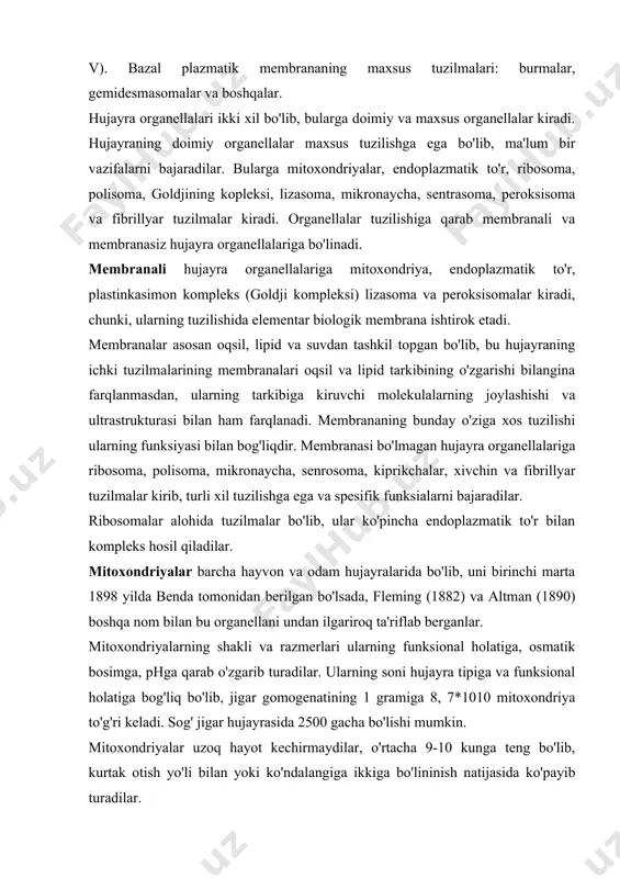 holatiga bog'liq bo'lib, jigar gomogenatining 1 gramiga 8, 7*1010 mitoxondriya to'g'ri keladi. sog' jigar hujayrasida 2500 gacha bo'lishi mumkin. mitoxondriyalar uzoq hayot kechirmaydilar, o'rtacha 9-10 kunga teng bo'lib, kurtak otish yo'li bilan yoki ko'ndalangiga ikkiga bo'lininish natijasida ko'payib turadilar. mitoxondriyalar atf sintizida muhum rol o'ynab, energiya manbai hisoblanadi. endoplazmatik to'r yoki retekulum elektron mikroskop yordamida1950 yillarda kashf qilingan organella bo'lib, membranasida ribosomalar bo'lishiga qarab donador va donasiz endoplazmatik to'r farqlanadi. donador endoplazmatik to'rning tashqi membrana qismida ribosomalar bo'ladi. endoplazmatik to'r hujayra ichi kanalchalar sistemasidan, vakuolalar va sisternalardan tashkil topgan. bir qator olimlar endoplazmatik to'rning kanallar va sisternalar sistemasi hujayra qobig'i hamda perenukllar bo'shliq bilan bog'liq deb fikr yuritadilar. granulyar endoplazmatik to'r oqsil va fermentlar, silliq endoplazmatik to'r esa asosan ёg' va karbon suvlar sintezida muhim rol o'ynaydilar. ribosomalar. ribosoma zich dumaloq shalda yuo'lib (pallade donalari) endoplazmatik to'r komponentlaridan biri hisoblanadi. ribosomalar yadro qobig'ining tashqi membranasida ham joylashadi. ribosomalar oqsil sintezida …