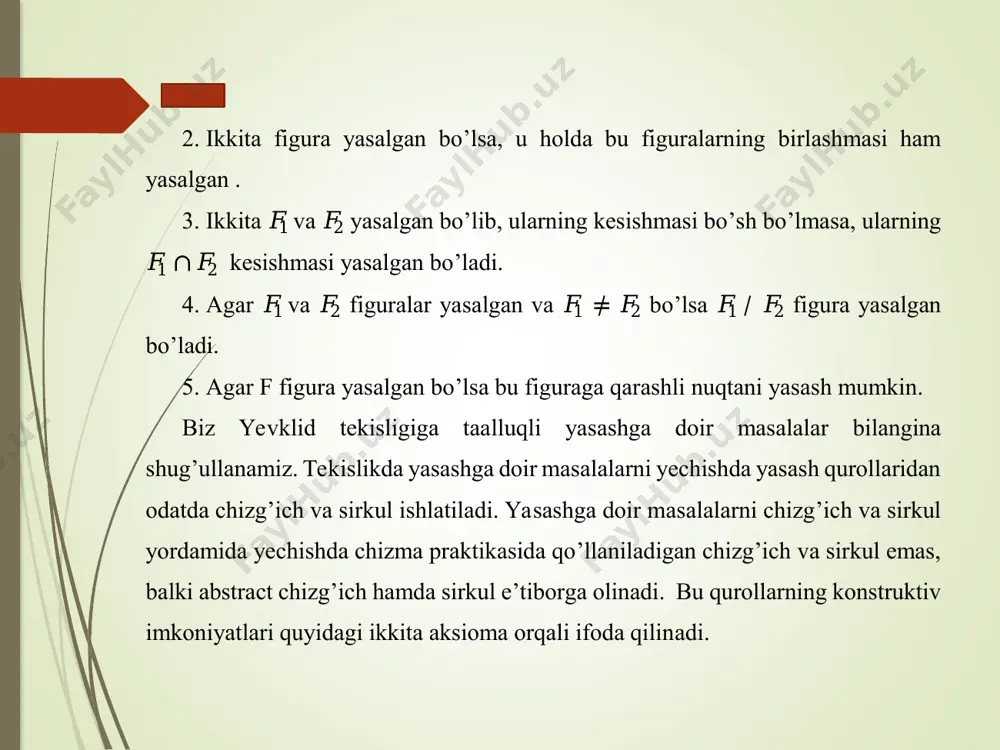 sm). bu aylananing o nur bilan kesishish nuqtasini 𝐶 1 bilan belgilaymiz. 3-qadam. markazi c 1 nuqtada, radiusi esa bc ga teng bo’lgan aylana chizamiz ( 4-rasm). uning avvalgi aylana bilan kesishgan nuqtalaridan birini 𝐵 1 bilan belgilaymiz. 4-qadam. ob 1 nurni o’tkazamiz (4-rasm). hosil bo’lgan 𝐵 1 𝑂𝐶 1 burchak o nurga qo’yilgan va berilgan a burchakka teng bo’ladi. 2-masala. berilgan ikkita burchak yig’indisiga teng bo’lgan burchak yasang (5a-rasm). yasash: 1-qadam. avval birinchi burchakka teng bo’lgan bac burchakni yasaymiz (5b-rasm). 2-qadam. ac nurga ikkinchi burchakka teng bo’lgan cad burchakni b va d nuqtalar ac nurga nisbatan turli yarimtekislikda yotadigan qilib qo’yamiz. hosil bo’lgan bad burchak berilgan burchaklar yig’indisiga teng burchak bo’ladi. 3-masala. berilgan ikkita burchak ayirmasiga teng burchakni yasang. yasash: berilgan burchaklar e va f bo’lib ∠f > ∠e bo’lsin (6a-rasm). ab nur yasaymiz. ab nurga nisbatan bitta yarim tekislikda joylashadi gan qilib ∠bac = ∠e va ∠bad = …