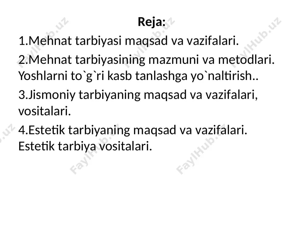 f-muhitni go’zalroq bo’lishiga harakat qiladi. bu hol o’z navbatida uning didini, nozik his-tuyg’ularini shakllantiradi. estetik tarbiyaning mohiyati asosan quyidagilarni o‘z ichiga oladi: tabiat va voqelikdagi go‘zalliklarni idrok etish va zavqlanish; san’at asarlarini to‘g‘ri tushuna bilish va baholash; o‘zining qobiliyat va iste’dolarini namoyon etishga intilish; hamma narsada - tabiatda, insoniy munosabatlarda, mehnatda, turmushda go‘zallik uchun muttasil kurashish; xunuklik va tartibsizlikka murosasiz bo‘lish. estetik tаrbiya shаkl, mеtоd vа vоsitаlаri shаkllаr mеtоdlаr vоsitаlаr tаbiаt burchаgidаgi ishlаr; sаyr; shоirlаr vа оlimlаr bilаn uchrаshuvlаr; sаhnа ko`rinishlаri; kаttаlаrgа yordаm; bеllаshuvlаr kuzаtish; tushuntirish; tаbiаt go`zаlliklаridаn zаvqlаntirish; tаjribа; bоlаlаrni gаpirtirish; nutqiy-mаntiqiy mаsаlаlаr yеchish; suhbаt; didаktik o`yinlаr hаdislаr; rivоyat vа hikоyatlаr; shе`rlаr yod оlish; pаndu nаsihаtlаr; mаqоl vа mаtаllаr; tоpishmоqlаr; ertаklаr; lоtо; lаbirint; rеbus; vidеоrоliklаr jismоniy tаrbiya jismоniy tаrbiya - оrgаnizmning funksiоnаl rivоjlаnishini jаmiyat tаlаblаri dаrаjаsidа аmаlgа оshirish, jismоniy sifаtlаrni, qоbiliyatlаrni rivоjlаntirish, jismоniy mаdаniyat vа spоrt sоhаsigа tа`lluqli mахsus bilimlаrni o`zlаshtirib оlishdir. jismoniy tarbiyaning maqsadi – o’quvchilar tanasidagi barcha …