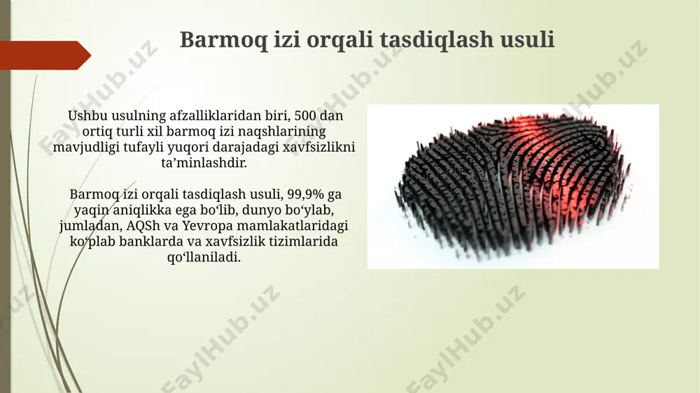 moq izlarining shikastlanishi, masalan, kesish yoki kuyish kabi omillar xavfsizlik darajasini pasaytirishi mumkin, shuning uchun kengash tomonidan qo'shimcha xavfsizlik choralari tavsiya etiladi. barmoq izlari biometrik autentifikatsiyasi, masalan, aqshning fbi ma'lumotlar bazasida 10 9 dan ortiq barmoq izi saqlangan bo'lib, yuqori darajadagi xavfsizlikni ta'minlaydi, ammo muayyan hujumlarga, masalan, soxta barmoq izlari yordamida aldashga moyil. tasvirni qayta ishlash barmoq izi tasvirlarini qayta ishlashda, 8 bitli rastrli tasvirlardan foydalanib, o'rtacha 200x200 pikselli tasvirlar sifatida saqlash, xotira sarfini optimallashtirish va samaradorlikni yaxshilashga yordam beradi. tasvirni qayta ishlashning eng muhim bosqichlaridan biri - shovqinni kamaytirish algoritmlaridan foydalanishdir. masalan, median filtrlarini qo'llash orqali, samarqanddagi tadqiqotlar natijalariga ko'ra, xatolik darajasi 5% ga kamayishi mumkin. shablon yaratish шаблон яратиш учун ишлов бериладиган бармоқ изининг сифати муҳим аҳамиятга эга бўлиб, 20% дан ортиқ бузилган ёки ноаниқ излар ишлов беришдан ўтадиган маълумотлар базасига киритилмайди, шунингдек, маълумотларнинг ҳимояси учун 128-битлик шифрлаш алгоритми қўлланилади. шаблон яратишда минимал 100 та, максимал 500 та …
