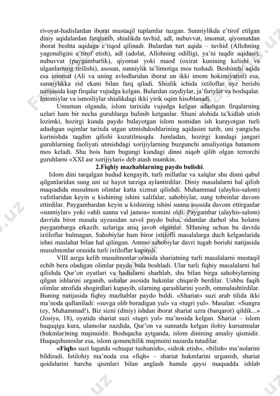 unga qarshi kurashish zarurligini ta’kidlashlari bulgan. buning natijasida juda kuplab qonlar tukilgan. odamlarni kofirga chiqarish va ularga qarshi «jihod» qilish goyasini ishlab chiqib, terror amaliyotini boshlab bergan. bugungi kundagi ishid, boko haram va shunga uxshash boshqa terroristik tashkilotlarning uslublari aynan xorijiylik «an’ana»larining zamonaviy kurinishidir. ular uzlarini haqiqiy musulmon hisoblagan va siyosiy hamda goyaviy raqiblarga nisbatan murosasiz bulgan. horijiylarning ta’limotiga kura, xalifa jamoa tomonidan saylanadi va jamoaga buysunadi; har qanday taqvodor musulmon (hatto qul yoki qora tanli bulsa ham) xalifalikka saylanishi mumkin; agar xalifa jamoa manfaatlarini himoya qilmasa, vazifasidan bushatiladi va hatto qatl etiladi. horijiylar gunohi kabira qilganlarni kofirlikda ayblab, ularni uldirishgacha borib etganlar. hatto ba’zi sahobiylarni ham kofir deyishgan. bundan tashqari, «zolim» podshohga qulida qurol bilan qarshi chiqishni diniy vazifa deydilar. xorijiylik bilan bir vaqtda paydo bulgan yana bir oqim shialikdir. shialik «shiatu ali» (ali guruhi) nomidan bulib, aliparast oqim hisoblanadi. bu yunalish dastlab har qanday ixtilof va aqidaviy farqlardan …