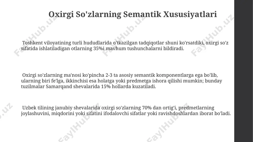 masalan, toshkent universiteti tadqiqotlariga ko'ra. sifat turkumidagi oxirgi so'zlar, 2 dan ortiq bo'lsa, jumlaga ko'plik ma'nosini beradi va ma'no noaniqligi xavfini 15% ga oshiradi, bu esa buxoro shahridagi lingvistik tahlillarda tasdiqlangan. so'z turkumlarining oxirgi so'zlardagi qo'llanilishi, jumlaning ma'nosini 30% gacha o'zgartirishi mumkin, masalan, "uyda" (ravish) va "uyda" (qo'shimchali ot) ning farqini samarqanddagi 2022-yilgi tadqiqotlar ko'rsatdi. oxirgi so'z katekoriyasining tarkibiy qismlari "oxirgi so'z" kategoriyasi tarkibida 10 dan ortiq turli xil so'z turkumlari mavjud bo'lib, ularning ba'zilari, masalan, olmoshlar, toshkent shahrida o'tkazilgan lingvistik tadqiqotlarga ko'ra, ikki ma'noli bo'lishi mumkin. zamonaviy o'zbek tilida oxirgi so'z kategoriyasi 200 dan ortiq so'zlarni o'z ichiga oladi, shu jumladan, qiyoslovchi qo'shimchalar bilan qo'llanilgan 15 ta so'z turkumi samarqand viloyatining shevalarida uchraydi. oxirgi so'z kategoriyasiga 3 ta asosiy tarkibiy qism: fe'l, sifat va ravish kiradi, ularning har biri o'ziga xos 5-7 ta sintaktik vazifalarni bajaradi va jumlaning tuzilishiga ta'sir ko'rsatadi. ma'no ifodalanishidagi oxirgi so'zning rol ma'no ifodalanishida oxirgi …