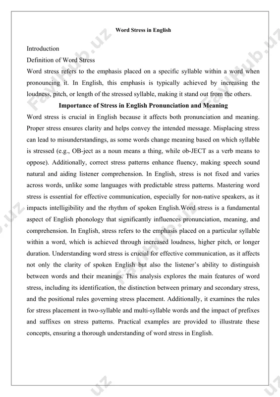 is is a lesser degree of emphasis, often found in multi-syllable words, marked with a low superscript stress mark (ˌ). for example, in international (/ˌɪntərˈnæʃənəl/), the first syllable has secondary stress, while the third syllable carries primary stress. secondary stress is typically present in compound words or words with four or more syllables. for instance, in unbelievable (/ˌʌnbɪˈliːvəbəl/), the first syllable has secondary stress, and the third syllable has primary stress. the distinction between primary and secondary stress is essential for maintaining the rhythm and clarity of spoken english, particularly in academic or technical contexts where precision is paramount. position of stress in english words the position of stress in english words is not fixed and can vary depending on several factors, including word length, grammatical function, and morphological structure. unlike some languages with predictable stress patterns (e.g., french, where stress typically falls on the final syllable), english stress placement …