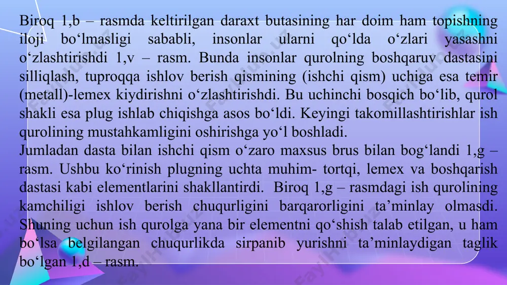 naning quvvati va funksiyalarini ko‘paytirish orqali uning tezligini oshirish va burish (boshqarish) imkoniyatlari ham oshib, undan foydalanish sohalari ham kengayib bordi. 1920- yildan boshlab motorli tortuvchi mashinalar va motorpluglarda dizel dvigatellari foydalanila boshlandi. qishloq xo‘jaligi texnikalarining yaratilishi qishloq xo‘jaligini mexanizatsiyalashtirishda integratsiya– davlatlararo texnologiya va texnikani o‘zaro almashib joriy qilinishi avj olib bormoqda. rivojlangan mamlakatlarda qo‘llanilayotgan tejamkor, iqtisodiy samaradorligi yuqori texnologiya va texnika vositalari boshqa davlatlarda ham qo‘llanila boshlamoqda. shu jumladan, o‘zbekistonga intensiv bog‘larda meva yetishtirish texnologiyasi, yuqori quvvatli traktorlar, unumi yuqori qishloq xo‘jalik mashinalarining kirib kelishi va ishlab chiqarishga joriy etilishi boshlandi. milliy boyligimiz bo‘lgan paxtani yetishtirishdan boshlab to‘plangan hosildan qayta mahsulot olish jarayonlari asosan mexanizatsiyalashtirilgan va ayrim jarayonlar esa avtomatlashtirilgan. chigitdan olinadigan mahsulotlar turi 30 xilga yaqinligi va barchasini ajratib olish jarayoni avtomatlashtirilganligi bunga misol bo‘la oladi. shu yerda, mutaxassis muhandislarga, har qanday texnologiya va texnika o‘zbekiston sharoitiga mos kelmasligi sabablariga ham etibor berishlarini va xorijdan olib kelinayotgan texnikalarni …