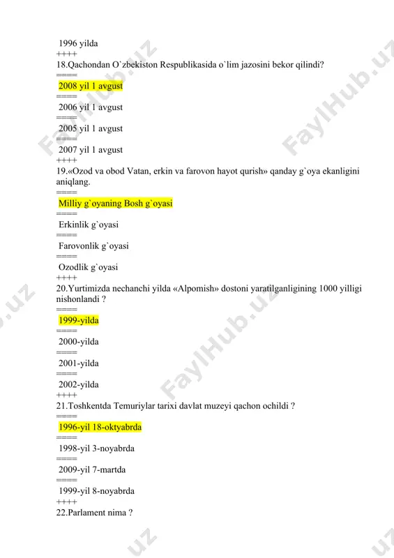 o`zbekiston respublikasi oliy kengashining xii chaqiriq i sessiyasida ==== 1993 yil 30 sentyabrda o`zbekiston respublikasi oliy kengashining xii chaqiriq vii sessiyasida ==== 1992 yil 15 dekabrda o`zbekiston respublikasi oliy kengashining viii sessiyasida ++++ 43.o`zbekiston prezidenti qanday hokimiyatning boshlig`i hisoblanadi? ==== davlat boshlig`i ==== ijroiya hokimiyat boshligi ==== vakolatli hokimiyat boshligi ==== davlat va ijroiya hokimiyat boshlig`i ++++ 44.o`zbekiston prezidenti saylovi to`g`risida»gi qonunga ko`ra prezidentlikka nomzod qilib ro`yxatga olinuvchilarga qo`yiladigan talablar qaysi javobda to`g`ri berilgan? ==== 35 yoshdan kichik bo`lmagan, davlat tilini yaxshi biladigan, keyingi 10 yil ichida o`zbekistonda muqim yashagan bo`lishi lozim ==== 30 yoshdan kichik bo`lmagan, davlat tilini yaxshi biladigan keyingi 5 yilda o`zbekistonda muqim yashagan bo`lishi lozim ==== 40 yoshdan kichik bo`lmagan, 65 yoshdan oshmagan, davlat tilini yaxshi bilgan kishi bo`lishi lozim ==== prezidentlikka nomzodga hech qanday chegara belgilanmagan ++++ 45.o`zbekiston respublikasining davlat ramzlari qaysi qatorda ko`rsatib otilgan? ==== bayroq, gerb, madhiya ==== konstitutsiya, bayroq, gerb, madhiya, pul …