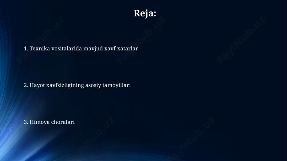 arida 30 dan ortiq xavfsizlik qoidalari o'rgatiladi, masalan, yong'in xavfsizligi va yo'l harakati qoidalari toshkent shahrida. texnik vositalardan foydalanishda 10 kv dan yuqori kuchlanishli elektr tarmoqlariga yaqinlashganda, 2 metrdan kam bo'lmagan xavfsizlik masofasini saqlash, o'zbekiston respublikasi davlat standartlari talablariga muvofiq bo'lishi shart. yuqori bosimli tizimlarning xavfi va xavfsizlik choralari samarqand viloyatidagi neft qayta ishlash zavodlarida yuqori bosimli quvurlarni muntazam ravishda 2 yilda bir marta tekshiruvdan o'tkazish va 5 yilda bir marta kapital ta'mirdan o'tkazish zarur, chunki bu tizimlarning buzilishi jiddiy oqibatlarga olib kelishi mumkin. 50 mpa dan yuqori bosimli gidravlik tizimlarda ishlashda xodimlar maxsus himoya kiyimlarini, shu jumladan, 3-toifa himoya qo'lqoplarini kiyishlari va xavfsizlik ko'rsatmalariga qat'iy rioya qilishlari zarur. past harorat va yuqori harorat xavfi metallurgiya zavodlarida 800°c dan yuqori haroratli metallar bilan ishlashda maxsus himoya kiyimlari, 10 sm dan kam bo'lmagan qalinlikdagi issiqlik izolyatsiyasi va avtomatlashtirilgan tizimlar qo'llanilishi zarur. o'zbekistonning samarqand viloyatidagi ba'zi sanoat korxonalarida 2022-yilda 150°c dan yuqori …