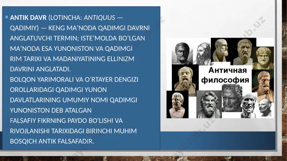 antik falsafa katta ta'sir ko'rsatgan. ikkinchi, klassik davrning (miloddan avvalgi v - iv asrlar) xarakterli xususiyati sofistlarning paydo bo'lishidir. ular o‘z e’tiborini tabiat va kosmos muammolaridan inson muammolariga qaratdilar, mantiq asoslarini yaratdilar va ritorikaning fan sifatida rivojlanishiga hissa qo‘shdilar. sofistlardan tashqari, bu davrda ilk antik falsafa aristotel, sokrat, platon, protogor nomlari bilan ifodalanadi. shu bilan birga rim falsafasi shakllana boshladi, unda uchta asosiy yo'nalish - epikurizm, stoitsizm va skeptitsizm belgilandi. miloddan avvalgi iv asrdan ii asrgacha bo'lgan davr uchun. ns. antik falsafa rivojlanishning uchinchi, ellinistik bosqichidan o'tadi. bu vaqtda oʻz mazmuniga koʻra birinchi falsafiy tizimlar paydo boʻldi, yangi falsafiy maktablar – epikurchi, akademik, repatriatlar va boshqalar paydo boʻldi. ellinizm davri vakillari ellin madaniyati tanazzulga yuz tutgan bir paytda axloqiy muammolarni hal qilish va axloqiylashtirishga o'tadilar. epikur, teofrast va karnead nomlari falsafa taraqqiyotining ushbu bosqichini ifodalaydi eramizning boshlanishi (i-vi asrlar) bilan antik falsafa o‘zining so‘nggi rivojlanish davriga qadam qo‘yadi. bu vaqtda …