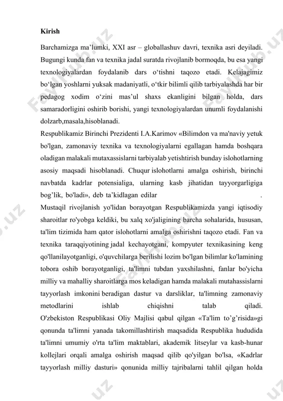 ishning tizimlashtirilgan, loyihalashtirilgan vosita va usullari sifatida talqin qilinadi.qolaversa fanlarni o‘qitish o‘qituvchidan mantiqiy usullar asosida pedagogik texnologiyalardan foydalanishni talab etadi, yani fan asoslarini o‘zlashtirish uchun talaba abstrakt tushuncha, (kategoriya)larning mazmun, mohiyatini teran anglab yetishi kerakli, bunga esa o‘qituvchi, eng avvalo, dars jarayonida zamonaviy pedagogik texnologiyalarni mantiqiy usullardan mohirlik bilan foydalangani holda qo‘llay bilishi orqali erishadi. hozirdaa pedagogik texnologiyalardan biror bir fanni o‘qitish jarayonida foydalanish o‘qituvchidan informatika va axborot texnologiyalari fani asoslarini yaxshi bilishni, uning qonun-qoidalari va usullarini amaliyotda qo‘llay bilish malakasiga ega bo‘lishini talab etadi. hozirgi kunda informatika va axborot texnologiyalari fani didaktikasi va o‘qitish metodikasida asosiy o‘rinlardan yana birini o‘qitish usullari egallaydi. interfaol so’ziga to’xtasak inglizcha “interakt” so’ziga mos kelib, “inter – o’zaro”, “akt – ish ko’rmoq, ishlamoq” degan ma`nolarni anglatadi. interfaol o’qitish esa – muloqotli o’qitish bo’lib, jarayonning borishida o’qituvchi va o’quvchi orasida o’zaro ta`sir amalga oshiriladi. interfaol o’qitishning mohiyati o’quv jarayonini shunday tashkil etishdan iboratki, unda barcha …