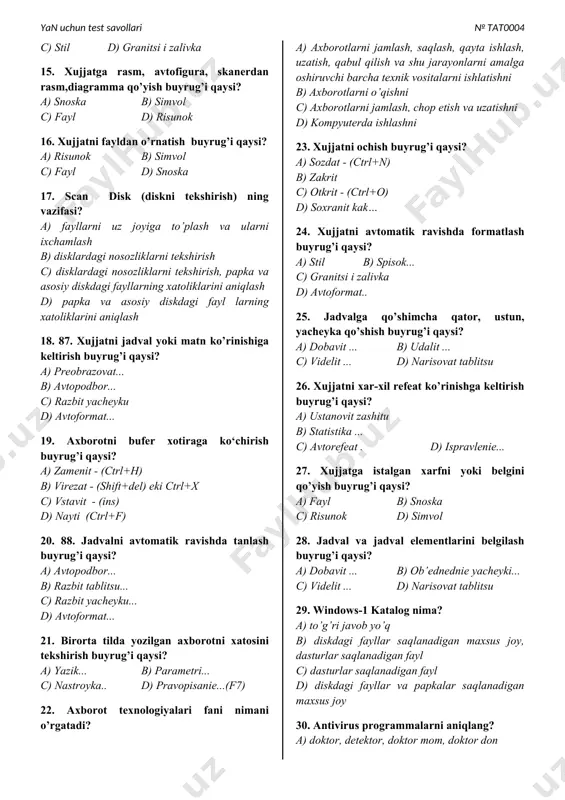 , «имя файла» maydoniga «sarlavha» kiritiladi va «ok» bosiladi 11. shaxsiy kompyuterlarning dasturiy ta‘minoti? a) sistemali, amaliy, xizmatchi, kontsert dasturlar b) sistemali va amaliy dasturlar, printer c) sistemali blok, monitor, dasturlash tillari d) sistemali, amaliy, dasturlash tillari va xizmatchi dasturlar 12. 93. excel da kengaytma qanday bo‘ladi? a) xls b) ppt c) exe d) com 13. windows so’zining ma‘nosi nima? a) oynalar b) darcha c) oyna, deraza d) barcha javoblar to’g’ri 14. xujjatdagi kerakli joylarga ramka o’rnatish va fon berish buyrug’i qaysi? a) spisok... b) ramki... c) stil d) granitsi i zalivka 15. xujjatga rasm, avtofigura, skanerdan rasm,diagramma qo’yish buyrug’i qaysi? a) snoska b) simvol c) fayl d) risunok 16. xujjatni fayldan o’rnatish buyrug’i qaysi? a) risunok b) simvol c) fayl d) snoska 17. scan disk (diskni tekshirish) ning vazifasi? a) fayllarni uz joyiga to’plash va ularni ixchamlash b) disklardagi nosozliklarni tekshirish c) disklardagi nosozliklarni tekshirish, papka va asosiy diskdagi …