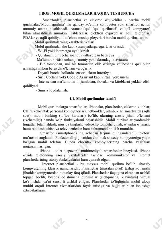 ailfish os, tizen, ubuntu touch. bugungi kunda ishlatilmayotgan va eskirgan operatsion sistemalar quyidagilardir: symbian, windows mobile, palm os, webos, maemo, meego, limo. so’nggi bir necha yillardan beri, mobil divayslar sanoati shunchalik ulkanlashib kettiki, internetdan umumiy foydalanish va faollik bo’yicha hattoki kompyuterlar bozorini ham egallab bormoqda. bu albatta mobil vositalardagi ustunlik, hamda ma‘lumotlar tarmog’i bo’yicha muntazam aloqa tezligi sababidandir. xuddi kompyuterlar o’tmishidagi singari, mobil operatsion sistemalari ishlab chiqaruvchilari orasida ham yakka liderlik uchun kurash boshlanib ketdi. eng talabgor operatsionsistemalar ro’yxati- dan android, ios va windows phonelar turli sanoat ishtirokchilari tomonidan kiritilgan. android operatsion sistemasi. android – linux os yadrosida yaratilgan ochiq kodli, portativ operatsion sistema (ot) bo’lib, smartfonlar, kommunikatorlar, planshetli kompyuterlar, elekron kitob- lar, raqamli pleyerlar, qo’l soatlari, netbuklar va smartbuklarda ishlatiladi. android (yunoncha so’z bo’lib, ikki bo’g’inni - «erkak» va «o‘xshash») –odamsifat robot ma‘nosini ifoda etadi. balki mana shuning uchun android operatsion sistemai logotipida robot tasvirlangandir. mobil qurilmalar uchun mobil …
