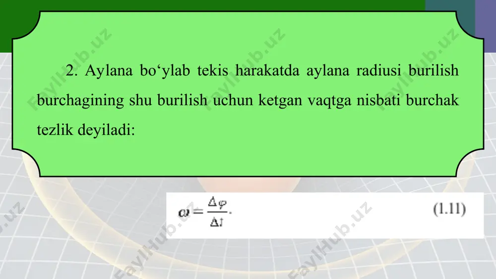 aylana bo‘ylab notekis harakat. burchak tezlanish. tangensial tezlanish 10 - sinf - Page 4
