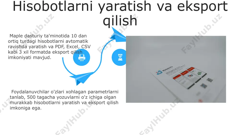 mlari bilan mukammal integratsiyalashgan bo'lib, foydalanuvchilarga ma'lumotlarni osongina almashish imkoniyatini beradi. maple dasturiy ta'minoti 10 dan ortiq turli xil ma'lumotlar bazasi tizimlari bilan mukammal integratsiyalashgan bo'lib, foydalanuvchilarga ma'lumotlarni osongina almashish imkoniyatini beradi. foydalanuvchi interfeysi bilan tanishish interfeysda 20 dan ortiq tezkor tugmalar va klaviatura yorliqlaridan foydalanish mumkin, bu esa dastur bilan ishlash tezligini sezilarli darajada oshiradi va samaradorlikni yaxshilaydi. maple dasturiy ta'minotining foydalanuvchi interfeysi intuitiv bo'lib, 3 ta asosiy panelga ega: asboblar paneli, ish maydoni va parametrlar oynasi. ularning har biri 10 dan ortiq funksiyalarni o'z ichiga oladi. kengaytmalar va qo'shimcha modullar kengaytmalar va modullar yordamida murakkab matematik modellashtirishni amalga oshirish imkoniyati mavjud bo'lib, bu 1000 dan ortiq parametrlarni qayta ishlashga qodir. foydalanuvchilar o'zlarining maxsus funksiyalarini yaratish va ularni 5ta turli dasturlash tillari orqali maple muhitiga qo'shish imkoniyatiga ega. e'tiboringiz uchun rahmat @taqdimot_robot image5.jpg image6.jpg image7.jpg image8.jpg image9.jpg image10.jpg image11.jpg image12.jpg image13.jpg image14.jpg image15.jpg image16.jpg image17.jpg image18.jpg image19.jpg image20.jpg image21.jpg …