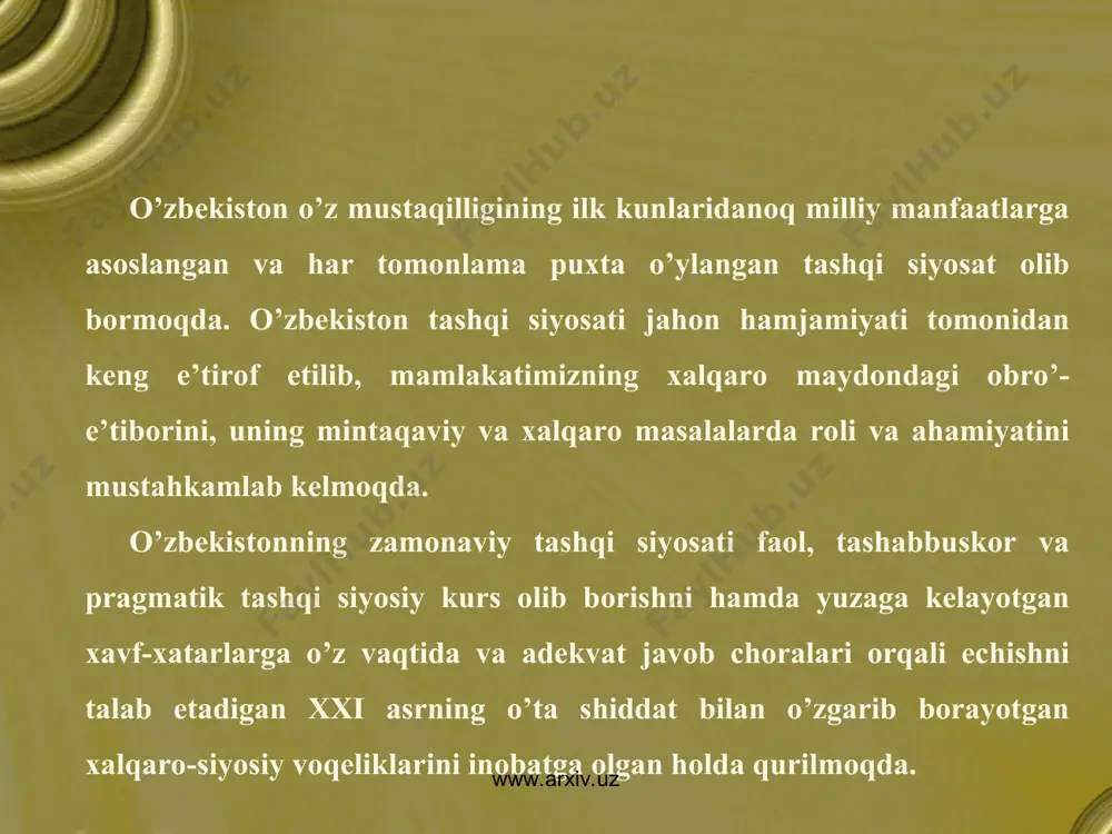 o‘zbekiston respublikasining konstitutsiyasi. –t.: “o‘zbekiston”. 2008. 2. karimov i.a. o‘zbekiston: milliy istiqlol, iqtisod, siyosat, mafkura. 1-jild. -t.: “o‘zbekiston”, 1996. 3. karimov i.a. bizdan ozod va obod vatan qolsin. 2-jild. –t.: “o‘zbekiston”, 1996. 4. karimov i.a. vatan sajdagoh kabi muqaddasdir. 3-jild. –t.: “o‘zbekiston”, 1996. 5. karimov i.a. bunyodkorlik yo‘lidan. 4-jild. –t.: “o‘zbekiston”, 1996. 6. karimov i.a. yangicha fikrlash va ishlash – davr talabi. 5-jild. –t.: o‘zbekiston, 1997. 7. karimov i.a. xavfsizlik va barqaror taraqqiyot yo‘lidan. 6-jild. –t.: “o‘zbekiston”, 1998. 8. karimov i.a. biz kelajagimizni o‘z qo‘limiz bilan quramiz. 7-jild. –t.: “o‘zbekiston”, 1999. 9. karimov i.a. ozod va obod vatan, erkin va farovon hayot – pirovard maqsadimiz. 8-jild. –t.: “o‘zbekiston”, 2000. 10. karimov i.a. vatan ravnaqi uchun har birimiz mas’ulmiz. 9-jild. –t.: “o‘zbekiston”, 2001.karimov i.a. xavfsizlik va tinchlik uchun kurashmoq kerak. 10-jild. –t.: “o‘zbekiston”, 2002 www.arxiv.uz www.arxiv.uz