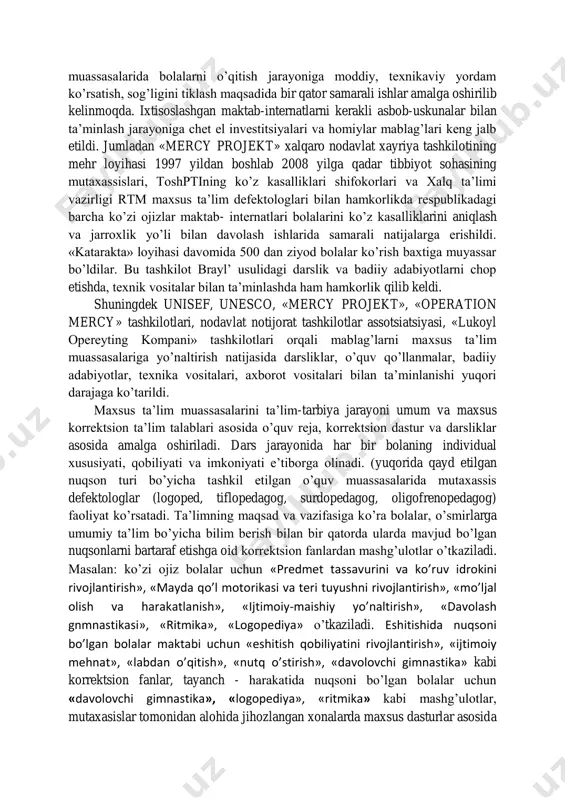 . yengil darjadagi aqli zaif bolalar uchun 2004 yilda 13 ta o’quv fanidan 30 nomda korrektsion ta’lim davlat talablari va o’quv dasturlarining loyihalari ishlab chiqildi; o’quvchilarning bilish faoliyatidagi nuqsonlarini va jismoniy faoliyatidagi yetishmovchiliklarini, xulq - atvoridagi buzilishlarini korrektsiyalashga qaratilgan davolash gimnastikasi, ritmika, logopediya, ijtimoiy hayotga yo’naltirish mashg’ulotlari uchun o’quv dasturlari ishlab chiqildi; jismoniy va ruxiy rivojlanishida nuqsoni bo’lgan bolalarni korrektsion uslubda o’qitish va tarbiyalash maxsus ta’limning asosiy vazifasidir. maxsus maktabgacha ta’lim muassasalari, maktablar, maktab-internatlarning moddiy - texnik bazasining mustahkamlanishiga va imkoniyati cheklangan o’quvchilardagi mavjud kamchiliklarni tuzatish, ularning ta’lim olishi, davolanishi hamda kasbga yo’naltirish ishlariga davlatimiz tomonidan katta mablag’lar ajratilmoqda. bu toifadagi bolalar va o’smirlarni ta’lim-tarbiyasini takomillashtirish, maxsus ta’lim jarayonida yangi innovatsion pedagogik va axborot texnologiyalarni kiritish, ijtimoiy himoyaga muhtoj bolalarning ta’lim- tarbiyasini to’g’ri tashkil etish, ulardagi nuqsonlarni ilk yoshidan aniqlash va korrektsiyalash (bartaraf etish), ijtimoiy jamiyatga to’laqonli moslashtirish ta’lim tizimining muhim va ajralmas qismidir. imkoniyati cheklangan bolalarga kasb-hunar o’rgatish, kasbiy …