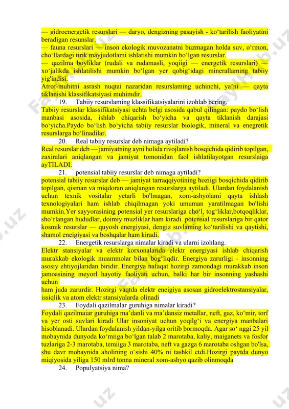 iga sabab bo'lmoqda.shaharlar aholisi salmog'i dunyo bo'yicha 40% dan ortiqni tashkil qiladi va hissasi katta tezlikda ortmoqda. germaniyada aholining 90%, aqshda 80%, yaponiyada 76% idan ortig‘i shaharlarda yashaydi 15. ekologik omillar nima, ulaming qanday turlari bor? suv muhitiga doimo yemi ichki va tashqi kuchlar harakati bilan bogiiq tabiiy ekologik omillar (turli tezlikdagi shamollar, vulqonlar, magmaning yer po‘stlog‘iga yorib kirishi, tektonik — ya’ni tog‘ hosil qiluvchi harakatlar, tabiiy yong‘inlar, suv toshqini va boshqalar) ta’sir etib uning ifloslanishiga, bulg‘alanishiga va miqdorining kamayib ketishiga sabab bo‘ladi. 1. mexanik ifloslanish 2. kimyoviy tfluslanish 3. bakteriologik va biologik ifloslanish 4. radioaktiv ifloslanish 5. issiqlik ifloslanish. 16. yu.libixning minimum qonunini tushuntiring. nemis agroximik olimi yu.libix minimum qonunini ayrim moddalar tuproqda minimum holda bo‘lishini hosildorlikdan kelib chiqib isbotladi. ammo libixning bu qonunini faqat statsionar sharoitda to‘g‘ri bo'ladi. kimyoviy elementlaming biri yetishmasa hosildorlik juda yuqori bo‘lmasa ham me‘yor darajasida bo‘ladi. hosildorlikni faqatgina kimyoviy elementlar emas balki harorat, yorug‘lik, …