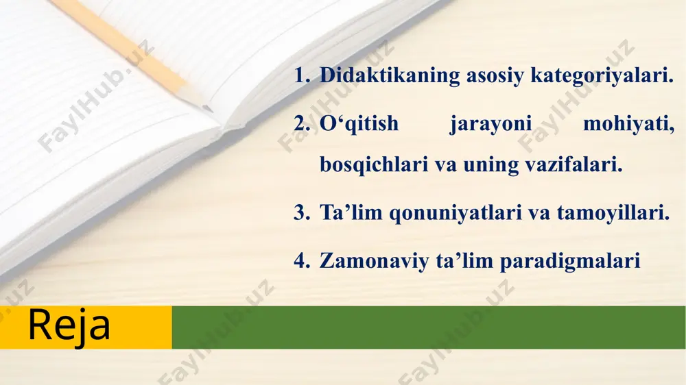 ntiriladi; kerakli malakalarga ega bo’ladi; ko’nikmalar hosil qiladi; shokirov ismoiljon o‘qitish – o‘qituvchi va o‘quvchilarning maqsadga qaratilgan birgalikdagi faoliyati jarayoni bo‘lib, bu jarayonda o‘quvchilarni rivojlantirishni amalga oshiradigan bilim, ko‘nikma, malaka va kompetensiyalar yuzaga chiqadi. o‘qitish jarayoni uchta vazifani bajaradi: 1. ta’limiy 2. tarbiyaviy 3. rivojlantiruvchi 4 ko‘nikma va malakalarni amaliyotda qo‘llash (kompetentsiya). 3 mustahkamlash, takomillashtirish, ko‘nikma va malakalarning hosil bo‘lishi; 2 uni fahmlab olish, tushunchalarning hosil bo‘lishi; o‘qitish jarayoni 4 ta asosiy bosqichdan iborat: 1 o‘zlashtirilishi lozim bo‘lgan materialni idrok etish; ta’lim tamoyillari (prinsp) pedagogning faoliyatini va talabalar tomonidan ilmiy bilimlarning o’zlashtirilishi tegishli ko’nikma va malakalar hosil qilishning asosiy qonun va yo’l yo’riqlarini o’z ichiga oladi. shu bilan bir vaqtda ta’lim tamoyillari har ikkala faoliyatning ya’ni pedagog va talaba tomonidan o’z oldiga qo’yilgan vazifalarni muvaffaqiyatli amalga oshirish imkoniyatini beradigan bir qancha talablarni ham umumlashtirib beradi. shunga ko’ra ta’lim qoidalari o’qitishning eng muhim masalalarini nazariy va amaliy jihatdan to’g’ri hal qilishning …