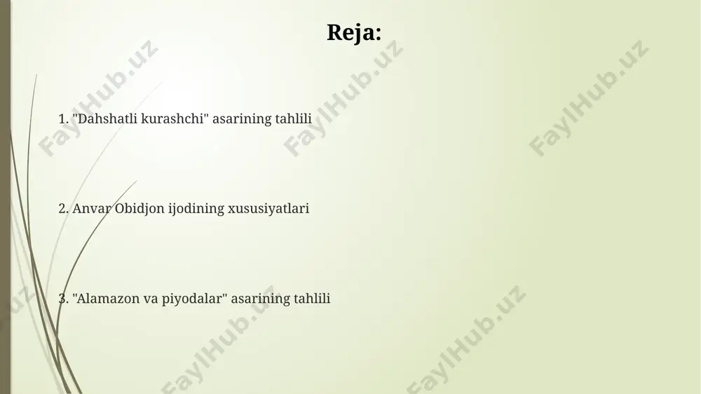 milliy an'analar, tarix va zamonaviy hayot muammolari realizm va simvolizm uslublarining uyg'unligi orqali aks ettirilgan. obidjonning ijodida inson qiyofasi, ma'naviy qadriyatlar va vaqtning o'tishi kabi mavzulardagi 10 ga yaqin asosiy tematik yo'nalishlarni kuzatish mumkin. anvar obidjon ijodida 20 dan ortiq she'rlar to'plami va 5 dan ziyod proza asarlari mavjud bo'lib, ularning aksariyati lirik va falsafiy mazmundagi asarlardir. "alamazon va piyodalar" asarining tahlili "alamazon va piyodalar"da shahar landshafti 3 ta asosiy qismga: zamonaviy bino, eski shahar va chekka hududlarga bo'linadi, bu ijtimoiy farqlarni aks ettiradi. asarda taxminan 20 dan ortiq personaj tasvirlangan bo'lib, ularning har biri o'ziga xos individual xususiyatlarga va psixologik portretga ega. roman 1990-yillar oxiri va 2000-yillar boshlarida sodir bo'lib, postsovet o'zbekistonining ijtimoiy-siyosiy hayotiga oid o'tkir muammolarni ko'taradi. til va uslub xususiyatlari anvar obidjonning sheʼrlarida 3 dan 5 gacha baytlarni birlashtiruvchi takrorlanuvchi motivlar, obrazlar va metaforalar keng qo‘llanilgan. “alamazon va piyodalar”da 20 ga yaqin so‘z birikmalari va epitetlar orqali …