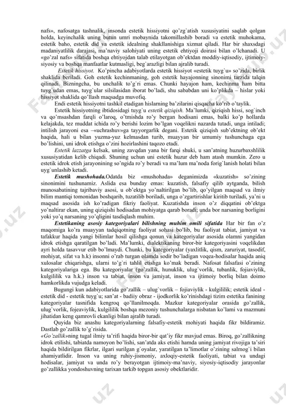san’at asarining ahamiyatini tahlil qiladi. bu muammolarni atroflicha o’rganish uchun maxsus san’at sostiologiyasi sohasi ham mavjud. nafosat falsafasi va dinshunoslik. nafosat falsafasining dinshunoslik bilan aloqasi alohida diqqatga sazovor. chunki din va san’at doimo bir-birini to’ldirib keladi va ko’p hollarda biri boshqasi uchun yashash sharti bo’lib maydonga chiqadi. buning ustiga, har bir umumjahoniy dinning «o’z tasarrufidagi» san’at turlari bor: buddhachilik uchun - haykaltaroshlik, nasroniylik uchun -tasviriy san’at, musulmonchilik uchun - badiiy adabiyot. shuningdek, barcha umumjahoniy dinlar o’z ibodatxonalari bo’lishini taqozo etadi. ibodatxonalarning esa me’morlik san’ati bilan bog`liqligi hammamizga ma’lum. nafosat falsafasi va pedagogika. estetikaning pedagogika bilan aloqasi tarbiya muammolarini hal qilish borasida yaqqol ko’zga tashlanadi. chunki pedagogika ham ma’lum ma’noda nafosat tarbiyasi bilan shug`ullanadi. lekin bu tarbiya alohida-alohida, muxtor qismlarga bo’lingan holda, turli yosh va sohalar uchun maxsus belgilangan tarbiya tarzida, ya’ni muayyan, aniq chegaralarda olib boriladi. masalan, maktabgacha tarbiya, o’quvchilar tarbiyasi, sportchilar tarbiyasi v. h. pedagogika ana shu sohalar va …