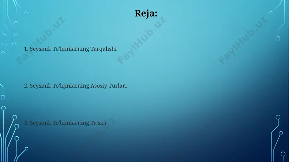 zilarli darajada o'zgaradi va bu o'zgarishlar seysmogrammada aniq ko'rinadi. seysmik to'lqinlarning tarqalish yo'nalishlari yerning mantiyasida p to'lqinlari taxminan 8 km/sek, s to'lqinlari esa taxminan 4,5 km/sek tezlikda tarqaladi, bu farq ularning seysmogrammada aniq ajratilishini ta'minlaydi. seymometrlar p to'lqinlarining tezligi s to'lqinlariga nisbatan 1,7 marta yuqori ekanligini aniqladi, bu esa ularning yer yuzasiga tezroq yetib borishiga olib keladi. seysmik to'lqinlarni tahlil qilish usullari seysmik to'lqinlarni tahlil qilishda, p va s to'lqinlari kelish vaqtlari farqi orqali, voqea markazining masofasini aniqlash mumkin, bu esa 3-5 km aniqlikni ta'minlaydi. to'lqin amplitudalarini va chastotalarini tahlil qilish orqali, zilzilalarning magnituda va chuqurligi haqida ma'lumot olish mumkin, bu esa 0.1-0.5 magnituda aniqligi bilan hisoblanadi. zamin tebranishlarining oldini olish va minimallashtirish zominlarning seysmik xavfsizligi bo'yicha 9 ballgacha chidamlilikka ega binolar qurish, xususiy uy-joylarni mustahkamlash dasturlarini amalga oshirish orqali zilzilalar ta'sirini sezilarli darajada kamaytirish mumkin. yer osti suvlarining oqimini nazorat qilish va tuproqning zichligini oshirish orqali 30% gacha seysmik …