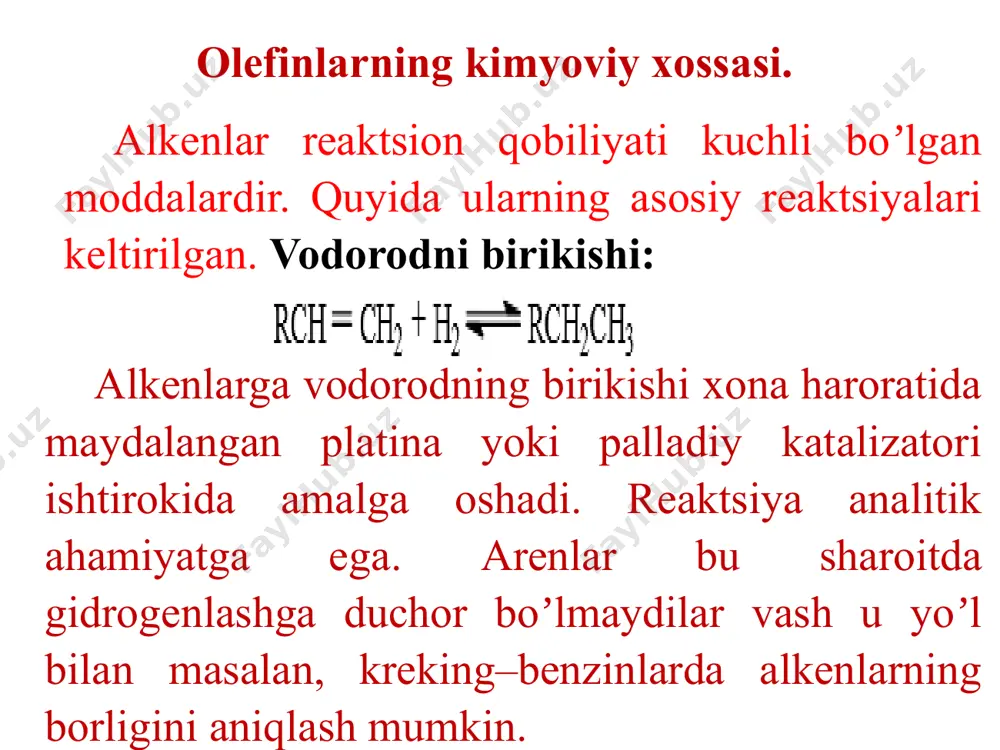 bo`ladi: c=o uchta bog` oksidlanganda cooh karboksil guruhi, to`rtta bog` - karbonat angidrid co2 hosil bo`ladi. shuning uchun biz molekulaning oksidlangan qismi va mahsulot o'rtasidagi yozishmalar jadvalini tuzishimiz mumkin: 2-buten sulfat kislotada kaliy permanganat bilan oksidlanganda ikkita –ch= bo‘laklari oksidlanishga uchraydi, shuning uchun sirka kislotasi hosil bo‘ladi: metilpropen kaliy permanganat bilan sulfat kislota ishtirokida oksidlanganda >c= va ch2= boʻlaklari oksidlanishga uchraydi, shuning uchun karbonat angidrid va keton hosil boʻladi: neytral muhitda alkenlarning qattiq oksidlanishi jarayonida hosil bo'lgan ishqor alken oksidlanish reaksiyasi mahsulotlari bilan reaksiyaga kirishadi, shuning uchun tuzlar hosil bo'ladi (keton olinadigan reaktsiyalardan tashqari - keton ishqor bilan reaksiyaga kirishmaydi). masalan, 2-butenni suvda kaliy permanganat bilan oksidlanganda qizdirilganda ikkita –ch= bo‘laklari oksidlanishga uchraydi, shuning uchun sirka kislota tuzi – kaliy asetat hosil bo‘ladi: masalan, metilpropen qizdirilganda suvda kaliy permanganat bilan oksidlanganda >c= va ch2= bo‘laklari oksidlanishga uchraydi, shuning uchun kaliy karbonat va keton hosil bo‘ladi: alkenlarning xromatlar yoki bixromatlar bilan …