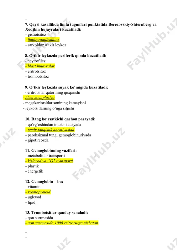 oshishi globulin fraksiyalarining oshishi qonda gaptoglobulin va alfa-2-makroglobulin miqdorining o‘zgarishi 16. o‘pka abssessida balg‘amda uchraydi: · elastik tolalar · ditrix probkasi · kurshman spirallari · sharko-leyden kristallari 17. bronxial astmada balg‘amda aniqlanadi: - gematoidin kristallari · sharko-leyden kristallari · fibrin · koralsimon tolalar 18. koralsimon tolalar balg‘amda aniqlanadi: - bronxial astmada · fibroz-kavernoz silda · o‘smalarda · krupoz pnevmoniyada 19. najas massalarining normal rangi nima hisobiga bo‘ladi: - uglevodli ovqat · sterkobilinogen · yog‘lar · oqsilli ovqat 20. bijg‘ish bilan kechuvchi kolitga xos emas: · bo‘tqasimon najas · shakllangan najas · mazsimon najas · suyuq najas 21. chirish bilan kechuvchi kolitda kuzatiladi: · mazsimon najas · suvsimon najas · ko‘piksimon najas · bo‘tqasimon najas 22. laboratoriyadan tashqari omillar tahlil natijalariga ta’sir qilishi mumkin, quyidagilardan tashqari: · bemorning jismoniy va hissiy stressi · sirkad ritmlar, iqlim ta’siri · tana holati · tana vazni 23. amiloreya qaysi kasalliklarda kuzatiladi: - dizenteriya - …