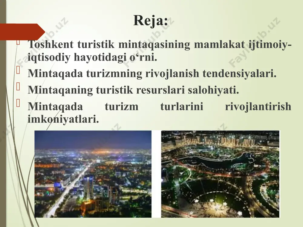 kiston amaliy san’at muzeyi 30 mingdan ortiq hunarmandchilik mahsulotlari va qimmatbaho taqinchoqlariga ega. undan tashqari xvi asrning ajoyib yodgorligi baroqxon madrasasi, xiv asrga oid ko’kaldosh madrasasi kabi qadimiy arxitektura yodgorliklari va zamonaviy amir temur xiyoboni, mustaqillik maydoni kabi turli bog’ va maydonlar ham turistlarni jalb qiluvchi obyektlardir. mazkur turistik rayonda turizm infratuzilmasi boshqa rayonlarga nisbatan ancha rivojlangan. xususan, toshkent shahri va toshkent viloyati tog’oldi mintaqalaridagi turistik obyektlarda mehmonxona va dam olish maskanlarida turistlarga xizmat ko’rsatish darajasi yildan – yilga yaxshilanmoqda. bu albatta yuqori darajada urbanizasiyalashgan hudud uchun ayniqsa muhimdir. 2.mintaqada turizmning rivojlanish tendensiyalari toshkent shahrini 2007 yil «islom madaniyati poytaxti» deb e’lon qilinishi natijasida poytaxtimizning dovrug’i yanada oshdi vash u bilan birga hukumatimiz tashabbusi bilan ko’pgina qadimiy yodgorliklar qayta ta’mirlanib o’z jozibadorligini yanada oshirdi. bu shundan dalolat beradiki, mazkur turistik rayonda turizmni rivojlanishi istiqbollari yana ham kengayib boradi. 3. mintaqaning turistik resurslari salohiyati. toshkent viloyatiga tashrif buyuruvchi sayyohlar oqimini ko‘paytirish, …