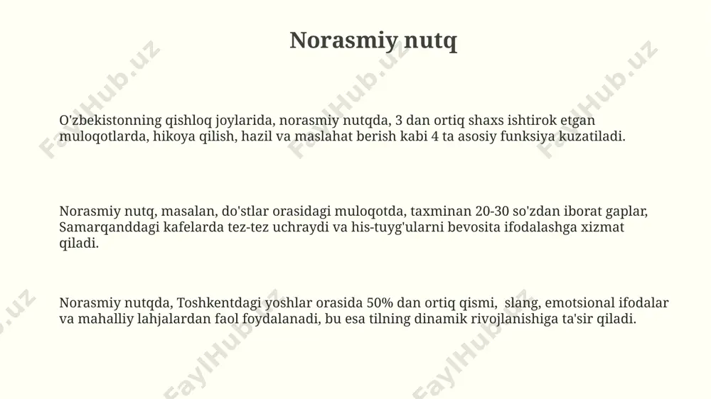 siy nutq сиёсий таҳлилчиларнинг фикрича, 2016 йилдан кейинги ўзбекистон сиёсий нутқларида иқтисодий ислоҳотларга оид маълумотлар 2 баравар кўпайган. тошкентдаги митинглардаги сиёсий нутқларда 500 дан ортиқ иштирокчига 10 дан ортиқ марта такрорланган шиорлар ва ғояларни тарқатиш кузатилган. сиёсий нутқларда 2023 йилги президентлик сайловларида ўзбекистондаги 3 та партиянинг дастурларига оид аниқ рақамлар ва ваъдалар кўп учрайди. nutqning asosiy turlari o'zbekistonning turli hududlarida, masalan, samarqand va buxoro viloyatlarida, nutqning 5 ga yaqin mahalliy lahjalari mavjud bo'lib, ularning o'ziga xos fonetik va grammatik xususiyatlari bor. nutqning asosiy turlari orasida 3 ta asosiy shaklni – bayon, tavsif va hikoya – ajratish mumkin bo'lib, ularning har biri o'ziga xos til vositalaridan 20 dan ortiq foydalanadi va turli xil maqsadlarga xizmat qiladi. nutqning ijtimoiy-siyosiy turlari, jumladan, siyosiy mitinglardagi 1000 dan ortiq tinglovchiga qaratilgan nutqlar, o'ziga xos uslub va til vositalariga ega bo'lib, ma'lumot berish va ishontirishga xizmat qiladi. publitsistik nutq publitsistik nutqda 1000 dan ortiq so‘z va …