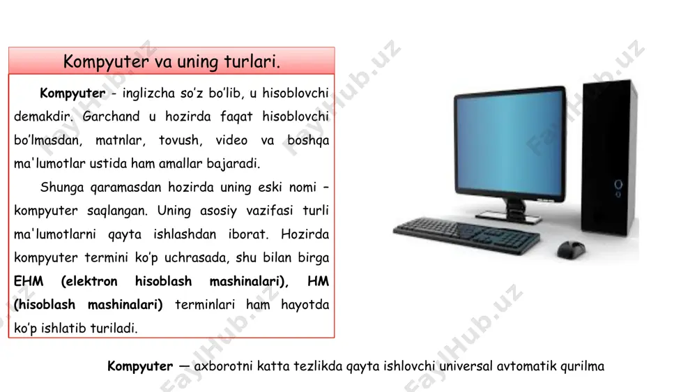 necha turi mavjud: barabanli; 2) planshetli; 3) qo‘l skaneri. skaner tovushli axborotlarni uzatuvchi qurilmalar ovoz kuchaytirgich, mikrofon, quloqchin, musiqa aksessuarlari video yoki film shaklidagi axborot tovushlarini uzatish yoki yozib olish uchun qo‘llaniladi. tovushli axborotlarni uzatuvchi qurilmalar katta hajmdagi rasm va tasvirlarni chop etish rang-barang reklama, gazeta va jurnallar, yer landshafti xaritalari, muhandislik chizmalari kabilarni oddiy printerda chop etishning imkoniyati yo‘q. buning uchun maxsus chop etish uskunalari yaratilgan bo‘lib, ular plotter, 3d printer va keng formatli printerlar deb yuritiladi. ular katta hajmdagi rasm va tasvirlarni chop etish qurilmasi hisoblanad katta hajmdagi rasm va tasvirlarni chop etish kundalik hayotimizda muhim o‘rin egallagan internet xizmatlarini modem deb ataluvchi qurilmasiz tassavur etish qiyin. uning asosiy vazifasi uzoq masofada joylashgan kompyuterlarga ma’lumotlarni telefon tarmog‘i orqali tez uzatish va qabul qilishdan iborat. modem — tovushli (analog) signallarni raqamli signallarga va aksincha, raqamli signallarni tovushli signallarga o‘girib beruvchi qurilma. modemning ham bir necha turi mavjud: modem tashqi …