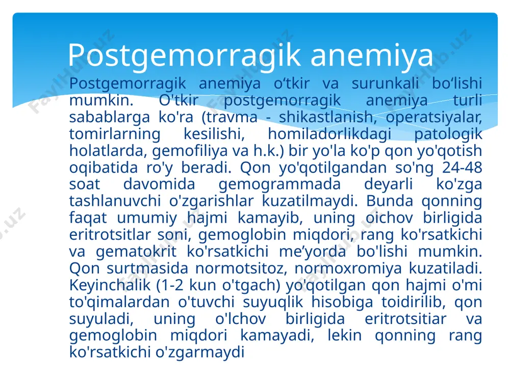 nqisligini oldini olishdan boshlanadi. chala tug’ilgan bolaiarda 1-oyligidan boshlab profilaktik doza sutka davomida 2 mg/kg beriladi. bolalar ovqatlanishida tarkibiga temir dorilari qo’shilgan bo’tqalarni berish tavsiya qilinadi. profilaktikasi. absobrsiyaning tug’ma buzilishi folat almashinuvining buzilishi (kam holiarda), orttirilgan malabsorbsiya (sejiakiya, ekssudativ enteropatiya); chala tug’ilganlarda folat kislotaga bo’lgan talab yuqoriligi, gemolitik anemiyalar, ba'zi bir dorilar bilan davolanganda (metotreksat; sulfanilamidlar; silga qarshi dorilar), uzoq davom etuvchi infeksiyalar. folat kislota tanqisligi kamqonligi echki suti bilan boqilgan bolalarda kuzatiladi. folat tanqislik kamqonligi ftg kam uchraydigan kasallik, ko’krak yoshidagi bolalarda, asosan chala tug’ilganlarda kuzatiladi. absobrsiyaning tug’ma buzilishi va folat almashinuvining buzilishi (kam holiarda), orttirilgan malabsorbsiya (seliakiya, ekssudativ enteropatiya); chala tug’ilganlarda folat kislo’taga bo’lgan talab yuqoriligi, gemolitik anemiyalar, ba'zi bir dorilar biian davolanganda (metotreksat; sulfanilamidlar; silga qarshi dorilar), uzoq davom etuvchi infeksiyalar. folat kislota tanqisligi kamqonligi echki suti biian bo’qilgan bolalarda kuzatiladi. suyak iligida va periferik qonda megablast o’zgarishlar 3-3,5 oydan keyin paydo bo’ladi. og'irlik darajasiga qarab klassifikasiya …