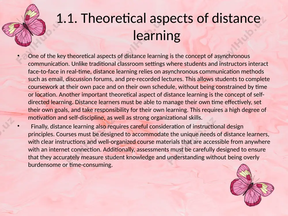 s, chairs, and textbooks. limited interaction: distance learning can limit interaction between students and teachers. this can lead to a lack of engagement and motivation. different learning styles: distance learning may not be suitable for all learners because everyone has different learning styles and some people need personal interaction or hands-on training to understand concepts better. flexibility: distance learning provides flexibility in scheduling and location, allowing students to learn at their own pace. 2.1. the organizing online lessons 1. choose the right platform: there are several online teaching platforms available, such as zoom, google meet, microsoft teams, and more. choose the one that suits your needs and is user-friendly for you and your students. 2. prepare your materials: make sure you have all the necessary materials ready before the lesson starts. share any slides or documents with your students beforehand so they can follow along. 3. set clear expectations: let …