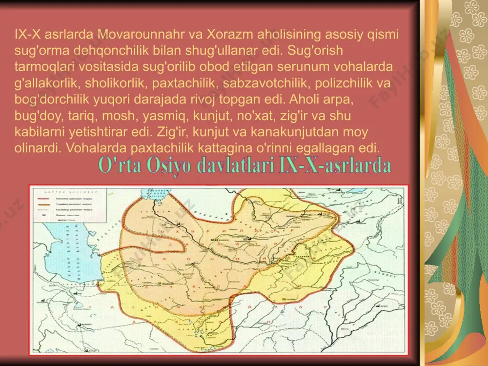 a'yonlari, ruhoniylar, mulkdor dehqonzodalar va davlatmand savdogarlarning hashamatli qasrlari, qurol-yarog', asbob, egar-jabduq yasaydigan ustaxonalar, hunarmandchilik do'konlari va savdo rastalari joylashgan samarqandda yuqori navli qog'oz ishlab chiqarilar edi. shosh o'zining ko`nchilik mahsulotlari va charm mollari bilan, eloq esa kumush va qo'rg'oshin konlari hamda kumush tanga chiqaradigan zarbxonasi bilan mashhur edi. xorazmda qayiqsozlik taraqqiy topadi. xorazm va termizda yasalgan qayiqlar amudaryo bo'ylab to orol dengizigacha muttasil mol tashib savdogarlarning yukini yengil, uzog'ini yaqin qilgan. bu davrda shaharlar bilan bir qatorda qishloqlar ham mamlakatning iqtisodiy hayotida katta o'ringa ega edi. buxoroning zandana qishlog'ida to'qilgan mallarang bo'z «zandanachi», samarqandning vador qishlog'ida tayyorlangan mato «vadoriy» nomlari bilan sharqda mashhur edi. movarounnahrning tog'li mintaqalarida qadimdan davom qilib kelayotgan konchilik ix-x asrlarda nihoyat darajada taraqqiy qiladi. zarafshon tog'larida temir, mis, qo`rg'oshin, oltin, kumush, feruza va boshqa qimmatbaho toshlar, ma'danlar qazib olinardi. eloq viloyati kumush va qo'rg'oshinlarni qazib olishning yirik markazlaridan biri edi. farg'ona vodiysi tog'laridan temir, qo`rg`oshin, …