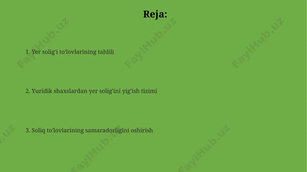 oliq organidan aniqlash kerak. qoraqalpog'iston respublikasida, 2024 yil uchun belgilangan yer solig'i to'lov muddatlari, yuridik shaxslar uchun davlat byudjetidan ajratilgan mablag'lar hisobiga amalga oshiriladi va 1 apreldan 1 iyulgacha bo'lgan davrni qamrab oladi. elektron hisobot berish tizimi elektron hisobot berish tizimi yordamida yer solig'i to'lovlarini nazorat qilish samaradorligi 20% ga oshdi, natijada buxoro viloyatida soliq qarzdorligi 5% ga kamaydi. elektron hisobot berish tizimi orqali 2023-yilda toshkent shahri bo'yicha yuridik shaxslardan yig'ilgan yer soliqlarining umumiy miqdori 500 milliard so'mdan oshdi. tizim orqali 2024-yil 1-choragida andijon viloyatida 1500 dan ortiq yuridik shaxs yer solig'i bo'yicha hisobot topshirdi, bu esa avvalgi yilga nisbatan 10% ga ko'p. soliqni optimallashtirish usullari toshkent shahrida joylashgan korxonalar uchun soliq imtiyozlaridan, masalan, 2024-yil uchun belgilangan 5% lik qo'shilgan qiymat solig'i stavkasidan foydalanish orqali soliq yukini kamaytirish mumkin. xorazm viloyatida yer solig'ini to'lash muddatini uzaytirish bo'yicha soliq organlari bilan muzokara olib borish va shartnoma asosida to'lov rejasini tuzish orqali …