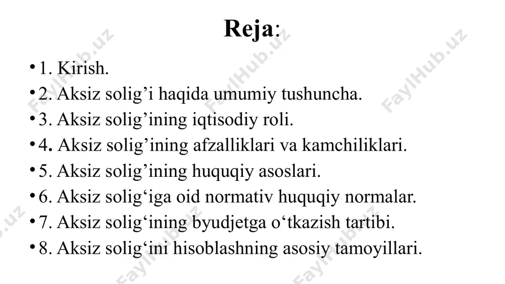 qoplanadi, chunki soliq narxga kiritiladi. xususiyatlari: 1. bilvosita soliq: aksiz solig‘i to‘lovchi mahsulotni ishlab chiqaruvchi yoki import qiluvchi bo‘lsa ham, uni iste’molchi to‘laydi. 2. belgilangan tovarlar: aksiz solig‘i barcha tovarlarga emas, balki faqat maxsus ro‘yxatdagi tovar va xizmatlarga nisbatan qo‘llaniladi. 3. narxga ta’siri: aksiz solig‘i mahsulot yoki xizmat narxini oshiradi. aksiz solig‘ining asosiy maqsadlari: 1. byudjetni to‘ldirish: davlat daromadlarini oshirishda aksiz solig‘i muhim manba hisoblanadi. 2. ijtimoiy ta’sir: ayrim zararli mahsulotlar (tamaki, spirtli ichimliklar) iste’molini kamaytirish. 3. tartibga solish: iste’molni va ishlab chiqarishni iqtisodiy jihatdan tartibga solish. aksiz solig‘i odatda quyidagi mahsulotlarga tatbiq etiladi: • spirtli ichimliklar va tamaki mahsulotlari. • benzin, dizel yoqilg‘isi va boshqa neft mahsulotlari. • hashamatli tovarlar (masalan, qimmatbaho avtomobillar, zargarlik buyumlari). • ayrim import mahsulotlari. 3. aksiz solig’ining iqtisodiy roli. 1. fiskal rol: davlat byudjetining muhim daromad manbasi hisoblanadi. 2. bozorni tartibga solish: ushbu soliq orqali davlat zararli mahsulotlarning iste’molini cheklashi yoki tartibga solishi mumkin. …