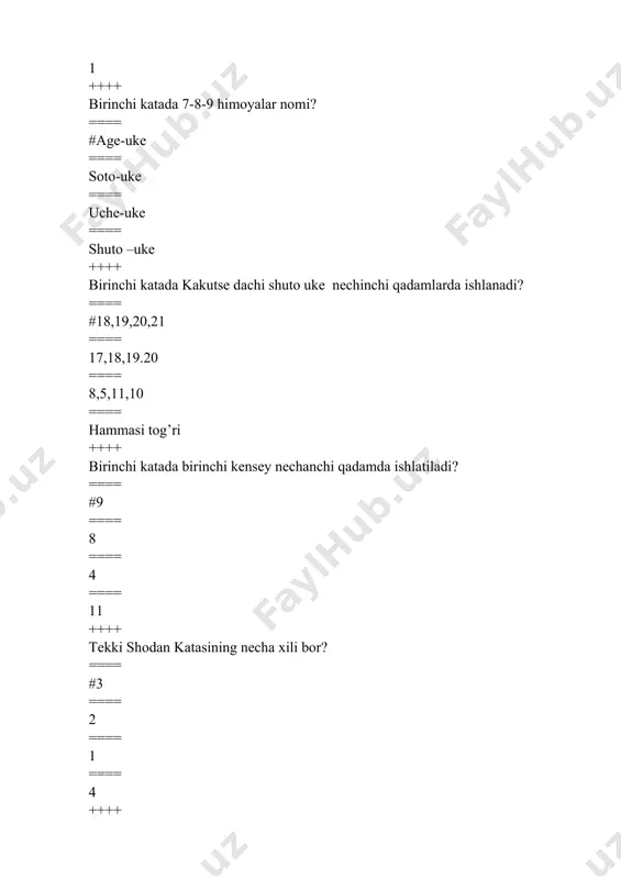 ? ==== #3 ==== 2 ==== 1 ==== 0 ++++ gedan tananing qaysi qismi? ==== #tananing beldan pasti ==== qorin ==== oyoq ==== qo`l ++++ dzodan tananing qaysi qismi? ==== #yuz ==== qorin ==== oyoq ==== qo`l ++++ chudan tananing qaysi qismi? ==== #qorin ==== oyoq ==== qo`l ==== yuz ++++ ashi wadza nima? ==== #oyoq harakatlari ==== qo`l zarbalari ==== himoya ==== qo`l bilan himoya ++++ geri wadzanima? ==== #oyoq zarbalari ==== qo`l zarbalari ==== himoya ==== qo`l bilan himoya ++++ dzuki wadza nima? ==== #qo`l zarbalari ==== himoya ==== qo`l bilan himoya ==== oyoq bilan zarba ++++ uke wadza nima? ==== #qo`l bilan himoya ==== qo`l zarbalari ==== oyoq zarbalari ==== oyoq harakatlari ++++ karateda nechta kyu bor? ==== #9 ==== 8 ==== 6 ==== 7 ++++ “uke” ning vazifasi? ==== #himoyalanuvchi ==== qarshi hujum qiluvchi ==== hujum qiluvchi ==== to`g`ri javob yo`q ++++ ”gyaka dzuki chudan” qanday …