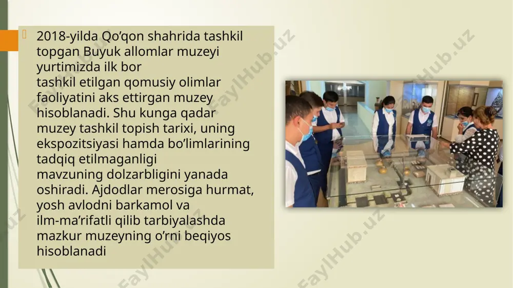 mda ishlangan mahobatli devoriy tasvir mavjud. ushbu suratda yuqorida aytib o’tilgan barcha allomalarimizning tasvirlari butun bir kompozitsiya qilib yaratilgan. ikkinchi zal, bu temuriylar davrini aks ettiruvchi zal. ushbu zalda xiv-xv asrlarni namoyon qiladi.ekspozitsiyada amir temur va zahiriddin muhammad boburning bronzadan ishlangan byustlari o’rin olgan. shu bilan birga temuriylarga oid temurnoma asaridan ko’chirma nusxalar, temuriylar va shayboniyxonlar davrida ishlatilgan kumush tangalar kolleksiyasini ko’rishimiz mumkun. devorning bir tarafida esa amir temur bosib olgan hududlarning qisman ko’rsatilgan xaritasi mavjud ushbu zal amir temur davridan boshlanib, zahiriddin muhammad bobur davri madaniyatini o’z ichiga oladi. ekspozitsiyada, zahiriddin muhammad boburning bronzadan ishlangan byusti mavjud. shu bilan birga “boburnoma” asari va “hindiston” haqida yozilgan asarlardan ko’chirma nusxalar o’rin olgan. uchinchi zal, amir temur davrida uning saroyida xizmat qilgan allomalarimizning namoyondalariga tegishli zal hisoblanadi. amir temurning eng sevimli ijodkorlari bo’lgan, attaftasoniy va komil xo’jandiy kabi allomalar haqida ma’lumotni ushbu zaldan olishimiz mumkun. at- taftasoniyning amir temur haqidagi asarlaridan …