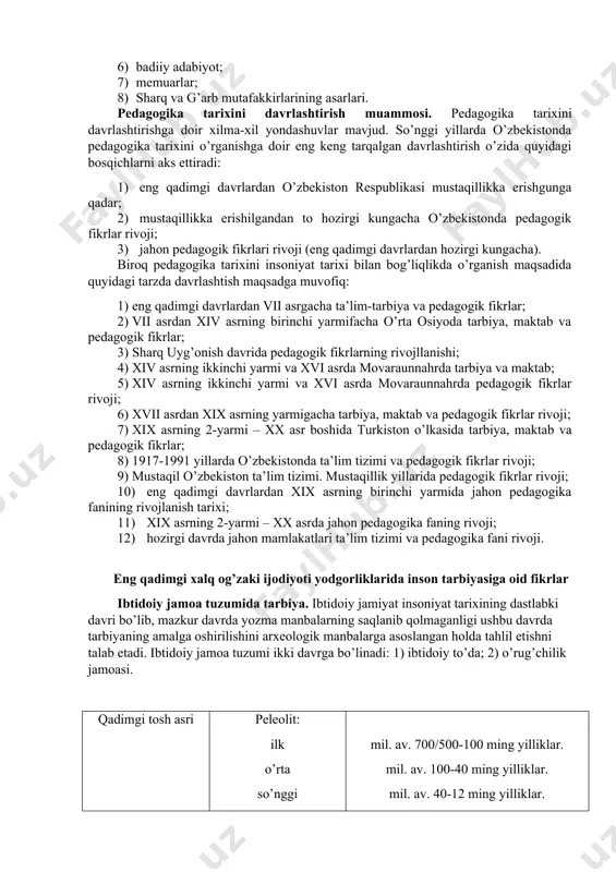 ika tarixini davrlashtirish muammosi. pedagogika tarixini davrlashtirishga doir xilma-xil yondashuvlar mavjud. so’nggi yillarda o’zbekistonda pedagogika tarixini o’rganishga doir eng keng tarqalgan davrlashtirish o’zida quyidagi bosqichlarni aks ettiradi: 1) eng qadimgi davrlardan o’zbekiston respublikasi mustaqillikka erishgunga qadar; 2) mustaqillikka erishilgandan to hozirgi kungacha o’zbekistonda pedagogik fikrlar rivoji; 3) jahon pedagogik fikrlari rivoji (eng qadimgi davrlardan hozirgi kungacha). biroq pedagogika tarixini insoniyat tarixi bilan bog’liqlikda o’rganish maqsadida quyidagi tarzda davrlashtish maqsadga muvofiq: 1) eng qadimgi davrlardan vii asrgacha ta’lim-tarbiya va pedagogik fikrlar; 2) vii asrdan xiv asrning birinchi yarmifacha o’rta osiyoda tarbiya, maktab va pedagogik fikrlar; 3) sharq uyg’onish davrida pedagogik fikrlarning rivojllanishi; 4) xiv asrning ikkinchi yarmi va xvi asrda movaraunnahrda tarbiya va maktab; 5) xiv asrning ikkinchi yarmi va xvi asrda movaraunnahrda pedagogik fikrlar rivoji; 6) xvii asrdan xix asrning yarmigacha tarbiya, maktab va pedagogik fikrlar rivoji; 7) xix asrning 2-yarmi – xx asr boshida turkiston o’lkasida tarbiya, maktab va …