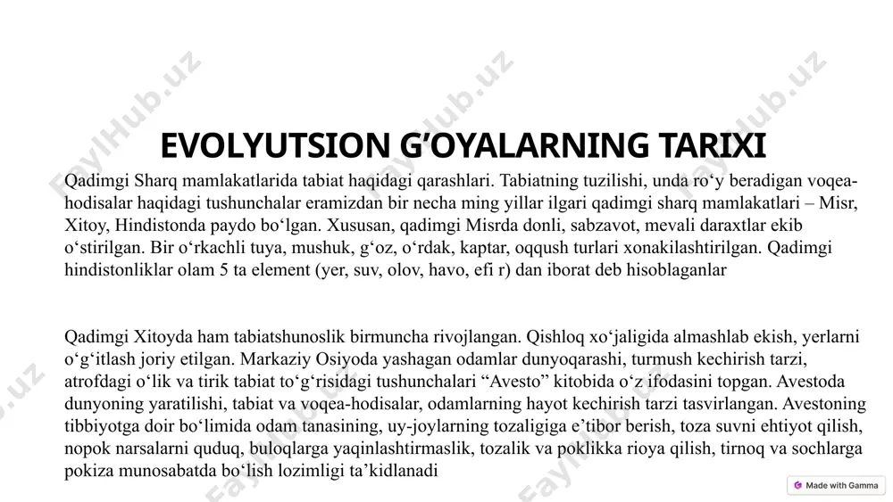 etilgan. lamark turlar o‘zgarmaydi, degan g‘oyaga tanqidiy ko‘z bilan qaragan va evolutsion ta’limotni targ‘ib qilgan. lamark fikricha, sinf, turkum, avlod, tur kabi sistematik kategoriyalar sun’iy, real emas. tabiatda faqat individlar real deb hisoblagan. lamark hayvonot olamining tabiiy sistematikasini yaratishni o‘z oldiga maqsad qilib qo‘ygan va shu sababli organizmlarning qon-qarindoshligiga asoslangan klassifikatsiyani ilgari surgan. u barcha hayvonlarni 14 sinfga ajratgan. ulardan 4 ta sinf umurtqalilarga, 10 ta sinf umurtqasizlarga tegishlidir. hayvonlarni ovqatlanish, qon aylanish, nafas olish va nerv sistemasiga qarab 6 bosqichga ajratdi. olim organik olam evolutsiyasi haqidagi nazariyaga asos solgan bo‘lsada,lekin evolutsiyaning harakatlantiruvchi kuchlari yashash uchun kurash, tabiiy tanlanish ekanligini bila olmadi xvii–xix asrlarda hayvon va o‘simliklarning shaxsiy taraqqiyotini o‘rganish sohasida ham birmuncha tadqiqotlar olib borildi. birinchi marta karl ber -1827 sutemizuvchi hayvonlarda tuxum hujayrasini kashf etdi. xix asrning 40-yillariga kelib, hujayra nazariyasini nemis olimlari t. shvann, m. shleyden yaratdilar. hujayra nazariyasining kashf qilinishi xix asr dagi tabiatshunoslik fanining ulkan …