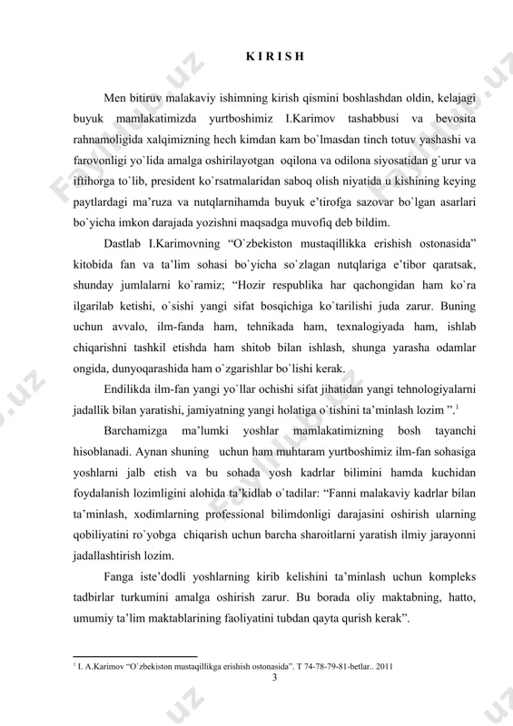 ing 96% i ziyonet elektron axborot tarmog`iga qayd etish lozim. bundan tashqari hukumat qaroriga muvofiq oliy ta’lim muassasalarining moddiy texnik ba’zasini modernizatsiya qilish va mutaxassislar tayyorlash sifatini tubdan yaxshilash bo`yicha 2011-2016 yillarga mo`ljallangan dasturni amalga oshirish uchun 277 milliard so`mdan ortiq mablag` yo`naltirish ko`zda tutilgan. o`tgan yili ilg`or axborot kompyuter texnologiyalari bilan jihozlangan, avvalo yoshlarimizga milliy va xorijiy axborot kutubxona fondlaridan keng foydalanish imkonini beradigan a.navoiy nomidagi o`zbekiston milliy kutubxonasi zamonaviy axborot resurs markazi va simpoziumlar saroyini o`ziga qamrab olgan ma’rifat markazining qurib bitkazilgani va ishga tushirilgani mamlakatimiz hayotida tom ma’noda ulkan voqea bo`ldi desak, hech qanday mubolag`a bo`lmaydi. bugun mamalakatimizda istiqlol bergan erkinlik sharofati ila barcha sohalarda yangilikka intilish ko`lami ortib bormoqda, jumladan chet tillarini o`rgatilishiga alohida to`xtalib o`tish joizdir. buning yaqqol misoli sifatida ingiliz tilini olaylik. mamlakatimizning turli xududlarida ingiliz tilida bemalol so`zlasha oladigan yoshlarning borligi va safi kengayayotganligi kishini behad quvontiradi. til insonlar o`rtasidagi asosiy muloqot vositasi …
