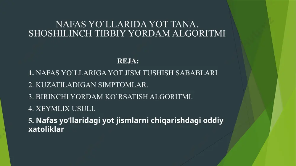 i, ogʻiz atrofida koʻkarish kuzatiladi; oxirgi bosqich. nafas olish butkul toʻxtaydi, bemor hushini yoʻqotadi, qisqa vaqt ichida yurak ish faoliyati toʻxtaydi, klinik oʻlim holati kelib chiqadi. birinchi yordam ko`rsatish nafas yoʻllariga yot jism tushganligini bilgan odam birinchi yordam koʻrsatishda har bir soniyadan unumli foydalanadi. chunki patologik holat qisqa muddat ichida yuzaga chiqadi va birinchi yordam koʻrsatish sifati bemor hayoti bilan baholanadi. birinchi yordam koʻrsatish algoritmi quyidagicha: bemorga “nima boʻldi?” savolini bering. albatta siz bunday holatda ahmoqona koʻrinishingiz mumkin, ammo aynan shu savol yordamida bemor nafas olyaptimi yoki yoʻqmi, bilib olishingiz mumkin. aynan, mana shu holat orqali keyingi taktikani belgilab olasiz. agar bemor umuman nafas olmayotgan boʻlsa unga “kuchliroq yoʻtal, yana yoʻtal, qani boʻlaqol” degan buyruqni bering – yaʼni bemorni hushini yoʻqotmaslik uchun, uni stimmulash uchun har qanday soʻz bilan himoya reflekslarini “uygʻoting”. koʻpincha mana shu chora tadbirlar yordamida kichik oʻlchamdagi yot jismlar nafas yoʻllaridan chiqib ketish uchun yetarli boʻladi. agar …
