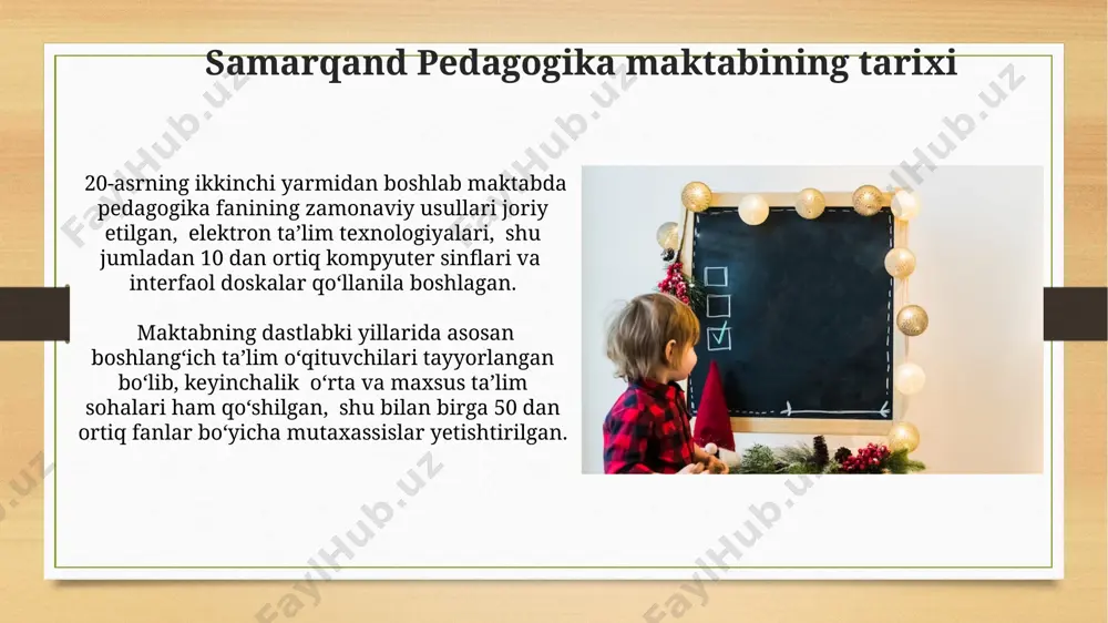 laboratoriya va 3 ta amaliy mashg‘ulot xonalari ta’mirlanib, zamonaviy uskunalar bilan jihozlandi, bu pedagogik jarayonning samaradorligini oshirishga yordam beradi. samarqand pedagogika maktabining moddiy-texnik bazasi 50 dan ortiq zamonaviy kompyuterlar va 10 dan ziyod interaktiv doskalar bilan jihozlangan, bu talabalarning amaliy ko‘nikmalarini rivojlantirishga xizmat qiladi. ilmiy-tadqiqot ishlari ilmiy-tadqiqot ishlarining samaradorligini oshirish maqsadida maktabda zamonaviy texnologiyalar, jumladan, onlayn platformalar va ma'lumot bazalari faol qo'llanilmoqda. so'nggi 5 yilda maktab o'qituvchilari tomonidan 15 dan ortiq ilmiy maqola va 8 ta monografiya nashr etilgan bo'lib, ularning ko'pchiligi xorijiy jurnallarda chop etilgan. sovet davri va uning taʼsiri sovet davrida maktab bitiruvchilarining 70% dan ortig'i qishloq maktablariga o'qituvchi bo'lib ishlashga yo'naltirilgan bo'lib, bu davrda ta'limning milliy elementlari cheklangan edi. sovet davrida samarqand pedagogika maktabi 1920-yillardan boshlab kommunistik mafkura asosida qayta tashkil etildi va o'qituvchilar tayyorlashda ideologik yo'nalish ustunlik qildi. e'tiboringiz uchun rahmat @taqdimot_robot image7.jpg image8.jpg image9.jpg image10.jpg image11.jpg image12.jpg image13.jpg image14.jpg image15.jpg image16.jpg image17.jpg image18.jpg image19.jpg image20.jpg …