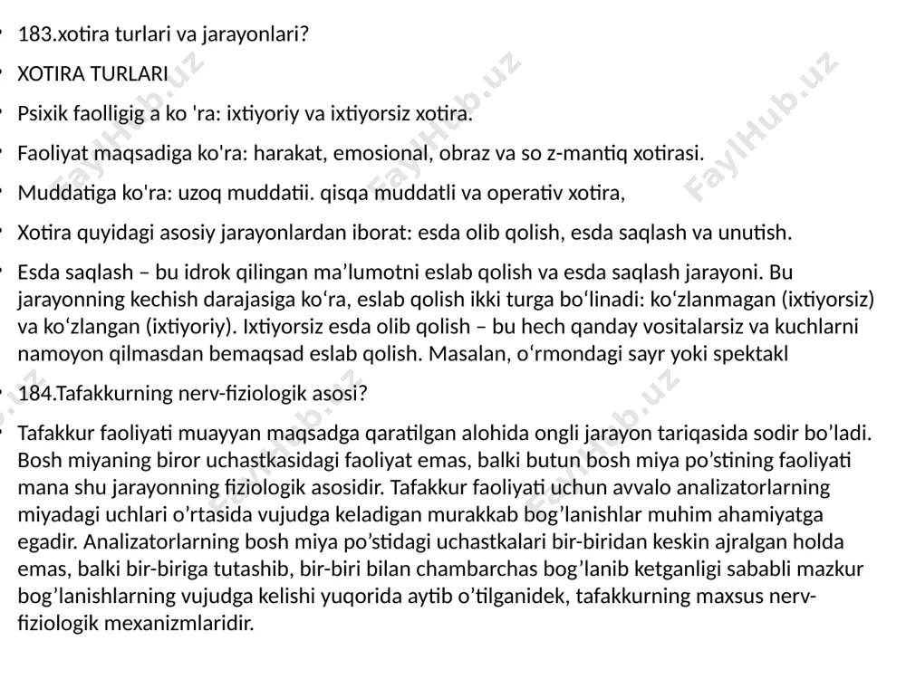 tarbiya kabi omillar ta’sir etadi. irsiyat - bu ota qoni yoki ajdodlariga hos bo’lgan biologik hususiyat va o’hshashliklarning naslga (bolaga) o’tish jarayonidir. muhit deganda shaxsning shakllanishiga ta’sir etuvchi tashqi olam voqelik, hodisalar majmui tushuniladi. “muhit” tushunchasi o’zida geografik-hududiy, ijtimoiy va mikro muhit (oila) hususiyatlarini ifoda etadi tarbiya – biror maqsadga yo’naltirilgan jarayon bo’lib, u muayyan darajadagi dastur o’oyalari asosida mahsus kasbiy tayyorgarlikka ega bo’lgan kishilar tomonidan tashkil etiladi 187.endopsixika» va «ekzopsixika” haqida tushuncha? endopsixik” - yunoncha “endo” ichki degan ma’noni bildiradi. endopsixika” shaxsning psixik tuzilishining ichki qismlari sifatida psixik elementlar va funktsiyalarning o’zaro bog’liqligi aks ettiriladi. psixik tuzilishning “ekzopsixik” qismi bo’lsa shaxsning tashqi muhitiga nisbatan munosabatini, shaxsga qarama-qarshi bo’lgan barcha jihatlarini, shaxslararo va ob’ektiv munosabatini belgilaydi. “endopsixika” o’z navbatida shaxsning ta’sirlanishi, xotira, tafakkur, xayol kabi bilish jarayonlarining xususiyatlarini, irodaviy zo’r berish xislatlarini, ixtiyorsiz harakatlarni va shu kabi fazilatlarni aks ettiradi. “ekzopsixika” esa o’z tarkibida shaxs munosabatlarining tizimini va uning qiziqishlari, …