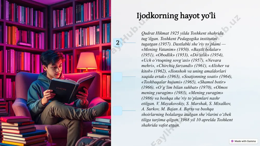 aklar bolalarning xayoliy dunyosiga olib boradi va ularning xayoliy fikrlashini rivojlantiradi. bu janrda yaxshilik va yomonlik haqida hikoyalar, sehrli obrazlar va hayvonlarning gapirishi kabi motivlar uchraydi. sarguzashtlar sarguzasht hikoyalari bolalarning qiziqishini jalb qiladigan qiziqarli voqealar, qahramonlarning jasorati va muammolarning hal etilishiga bag'ishlangan. hayvonlar haqida hikoyalar bu janrda hayvonlarning o'ziga xos xususiyatlari, ularning o'zaro munosabatlari va bolalar uchun o'rnak bo'ladigan fazilatlari aks ettiriladi. she'rlar bolalar she'rlari bolalarning hissiy dunyosini boyitadi, tillarini rivojlantiradi, xotiralarini yaxshilaydi va ularning ijodkorligini rag'batlantiradi. ijodkorning asarlari janri 15 bolalar adabiyotining tarbiyaviy ahamiyati 1 axloqiy qadriyatlar bolalar adabiyoti bolalarga axloqiy qadriyatlarni o'rgatadi, masalan, halollik, mehribonlik, do'stlik, o'zaro hurmat va boshqalar. 2 ma'naviy boylik bolalar adabiyoti bolalarning ma'naviy dunyosini boyitadi, ularning xayollarini rivojlantiradi va ularning dunyoqarashini kengaytiradi. 3 ijtimoiy mas'uliyat bolalar adabiyoti bolalarda ijtimoiy mas'uliyatni rivojlantiradi, ularni atrof-muhitga g'amxo'rlik qilishga o'rgatadi. 4 vatanparvarlik bolalar adabiyoti bolalarda vatanparvarlik tuyg'usini shakllantiradi, ularni o'z vataniga bo'lgan muhabbat va sadoqat ruhida tarbiyalaydi. 16 …