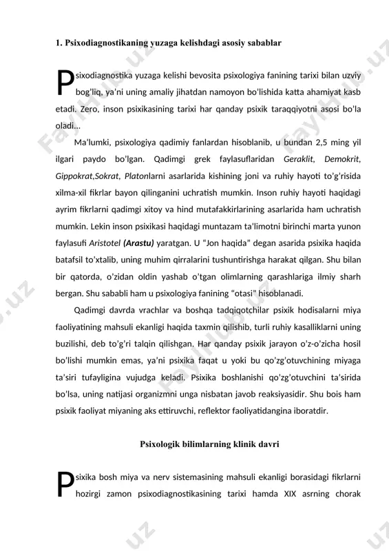 uvchi, reflektor faoliyatidangina iboratdir. psixologik bilimlarning klinik davri p sixika bosh miya va nerv sistemasining mahsuli ekanligi borasidagi fikrlarni hozirgi zamon psixodiagnostikasining tarixi hamda xix asrning chorak yarmida psixologik bilimlarning shakllanishidagi klinik davri bilan bog’lash mumkin. bu davr shaxs haqidagi empirik psixologik bilimlarning to’planishi va tahlilida asosiy vazifa tabiblar yordamida amalga oshirilganligi bilan xarakterlanadi. tabiblarni, dunyoning rivojlanayotgan mamlakatlarida tarqalayotgan ruhiy va asab kasalliklarni kelib chiqish sababi qiziqtirar edi. shu bois, psixiatrlar yevropa shifoxonalaridagi bemorlarni uzluksiz nazorat qilish bilan bir qatorda, o’z xulosalarini qayd qilib borardilar. natijada, psixodiagnostikaning kuzatish, so’rov, hujjatlar tahlili kabi metodlari shakllanishi ortib bordi. mazkur vaqtda psixodiagnostikaning rivojlanishi erkin xarakter kasb etib, bu holat metodlarni miqdoriy ko’rsatkichi bilan uzviy bog’langan edi. 3. psixodiagnostikani taraqqiy etishiga hissa qo’shgan olimlar genri gerbert goddard u 1866 yilda sharqiy vassalboroda katta fermerlar oilasida tug’ilgan. xeverford kollejini bitirgan (1887 y.). shu kollejda matematika yo’nalishi bo’yicha magistrlik darajasini olgan (1889 y.). goddard psixologiya sohasidagi …