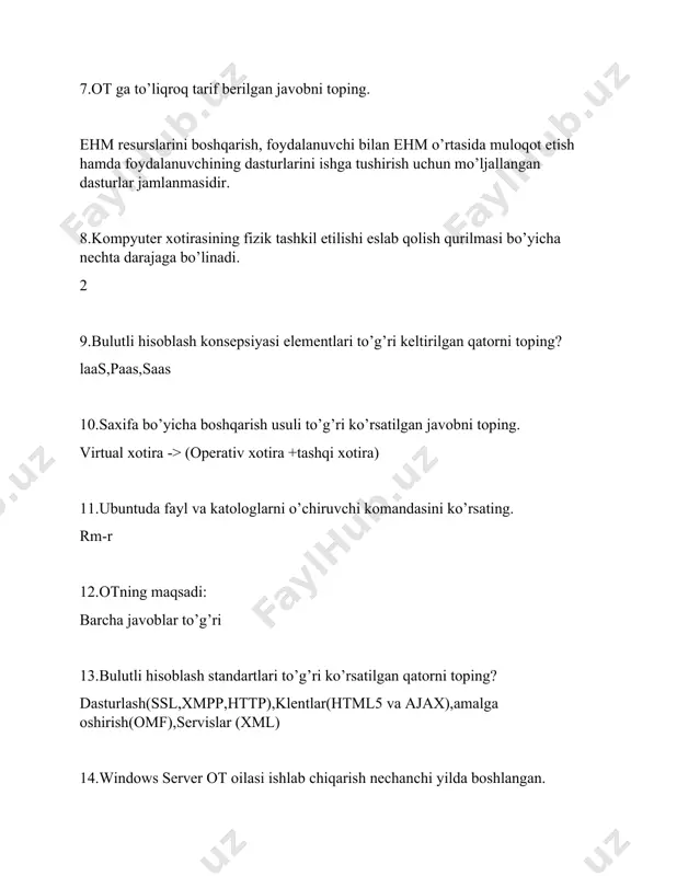 an operatsion tizimning ishonchligini(klassik arxetektura bilan taqqoslaganda)….. yuqori 24.qaysi domen kontrolleri xizmati http serveridan tashqari dastur va ma’lumotlar bazasidan iborat va manba fayllarni http orqali brauzerga yuborishdan oldin o’zgartiradi? dinamik veb server 25.berilgan 255.255.255.192/26 maskada ip adresslar soni nechta? 64 26.yagona bog’langan nom maydonini almashadigan domenlar to’plami……. deb nomlanadi. daraxt 27.grid hisoblash nima? taqsimlangan hisoblash 28.internet shlyuz xizmati nima uchun kerak? turli xil tarmoqlar o’rtasida trafikni uzatishni tashkil etish uchun mo’ljallangan dasturiy ta’minot. 29.ubuntu operatsion tizimida faylni o’chirish uchun qaysi buyruqdan foydalaniladi? rm 30.ubuntu operatsion tizimida yashirilgan fayllarni ko’rish uchun qaysi buyruqdan foydalaniladi? is-a 31.quyidagi misol uchun jarayonni rejalash algoritmini ko’rsating? job a 1, job b 2, job c3, job b5, job d9, job a14 “qolgan vaqti eng qisqa masala keying” lagoritmi 32.qaysi protokol osi modeli transport pog’onasi protokoli hisoblanadi? tcp 33.qaysi operatsion tizim bir foydalanuvchili va bir vazifali hisoblanadi? ms-dos 34.katolog bu……… ba’zi bir mezon bo’yicha guruhlangan fayllar to’plami …