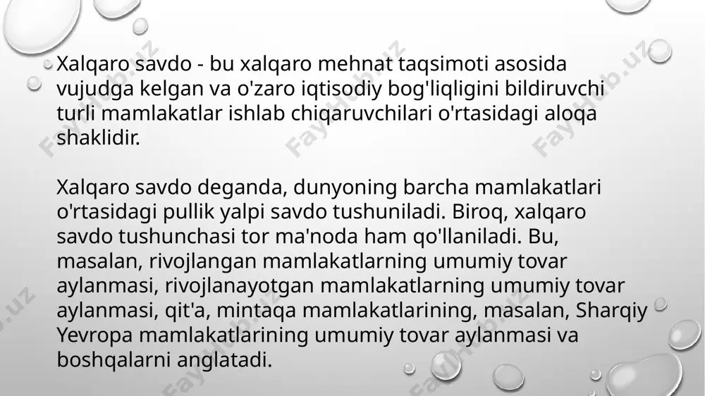 ini oshirishi mumkin, natijada amerikalik iste'molchi o'zining mahalliy savdo markazida sotib olishi mumkin bo'lgan krossovkalar narxi oshishi mumkin. foydalanilgan adabiyotlar: 1.mirziyoev sh.m. niyati ulug’ xalqning ishi ham ulug’, hayoti yorug’ va kelajagi farovon bo’ladi. 3-jild. – toshkent: o’zbekiston, 2019. – 400 b. 2.mirziyoev sh.m. xalqimizning roziligi bizning faoliyatimizga berilgan eng oliy bahodir. 2-jild. –toshkent: o’zbekiston, 2018. – 508 b. 3.islom karimov. biz kelajagimizni o‘z qo‘limiz bilan quramiz. asarlar, 7-jild. – t.: “o’zbekiston”, 1999 yil. 4.islom karimov. "o’zbekiston mustaqillikka erishish ostonasida".t.: "o’zbekiston", 2011 yil. 5.mustaqil o’zbekiston taraqiyotining g’oyaviy asoslari. - toshkent, 2001. 6.jo’raev n., fayzullayev t. mustaqil o’zbekiston tarixi./ o’zbekistonning yangi tarixi. uchinchi kitob. - toshkent, 2009. image2.png image3.png image4.png image5.png image6.png image1.png /docprops/thumbnail.jpeg