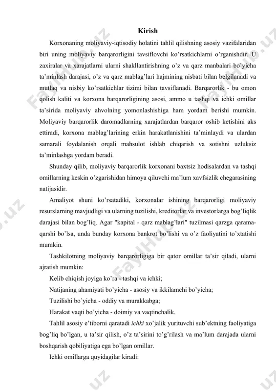 kda bankrot bo’lishini kutayotganligini anglatadi. samarali chora-tadbirlar moliyaviy barqarorlikni tiklash. bozor iqtisodiyoti sharoitida faoliyat yuritayotgan korxonalarning moliyaviy barqarorligi muammosi nafaqat moliyaviy, balki umumiy iqtisodiy muammolardan biri hisoblanadi. darhaqiqat, alohida xo’jalik yurituvchi sub’ektlarning moliyaviy barqarorligining butun iqtisodiyot uchun ahamiyati juda yuqori. tadbirkorlik sub’ektlarining samarali uzluksiz ishlashi, kabi individual elementlar iqtisodiyotning yagona, jamlangan mexanizmi, uning normal, yaxshi ishlashini ta’minlaydi. alohida korxonaning moliyaviy ahvolining yomonlashishi muqarrar ravishda iqtisodiyot mexanizmining ishlamay qolishiga olib keladi. to’lovga layoqatsizlik ishlab chiqarish dinamikasiga salbiy ta’sir ko’rsatadi va ishlab chiqarish resurslariga samarali talabning qisqarishi, etkazib beruvchilar, turli darajadagi byudjetlar oldidagi muddati o’tgan qarzlarning ko’payishi shaklida namoyon bo’ladi. byudjetdan tashqari fondlar, korxonalar xodimlariga ish haqi, banklar, mulkdorlarga dividendlar to’lash va boshqalar. yuqorida aytilganlar korxonaning moliyaviy barqarorligi alohida korxonalar va umuman jamiyatning barqaror rivojlanishini ta’minlashda juda muhim rol o’ynaydi, degan xulosaga kelishimizga imkon beradi. moliyaviy barqarorlikning mohiyati moliyaviy resurslarni samarali shakllantirish, taqsimlash va ulardan foydalanish bilan belgilanadi, bu esa maqbul xavf …